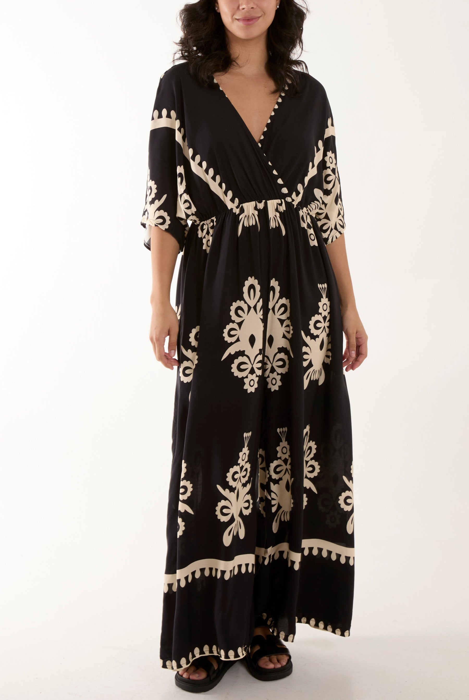 Printed V-Neck Wide Leg Jumpsuit Jumpsuits WearAll Black One Size