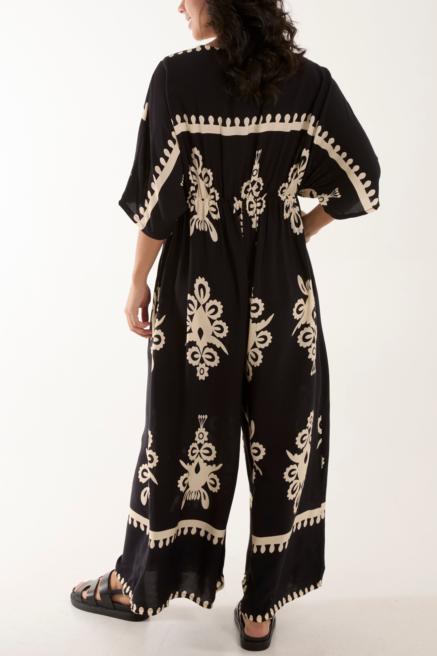 Printed V-Neck Wide Leg Jumpsuit Jumpsuits WearAll