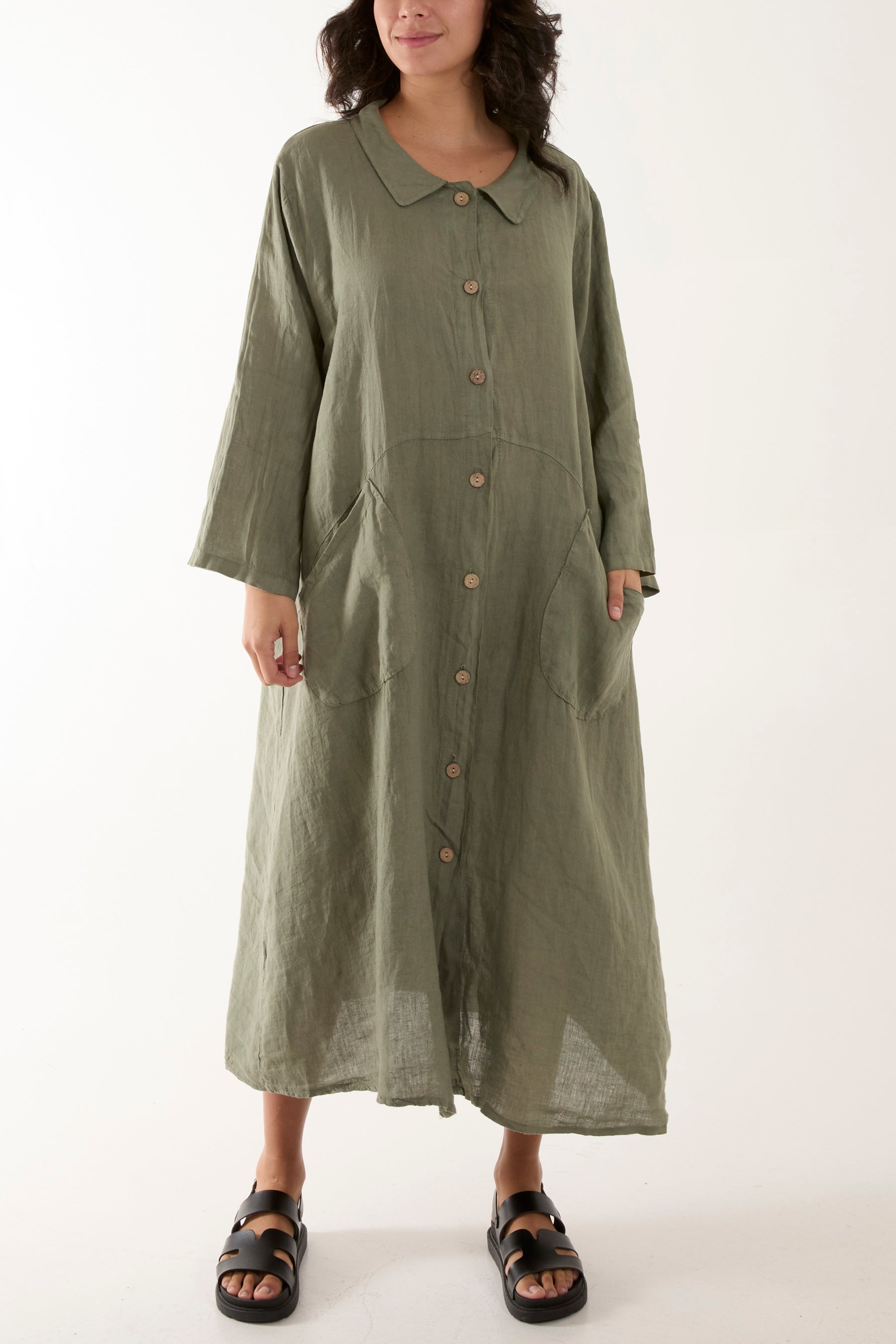 Oversized Button Through Pocket Shirt Dress Dresses WearAll Khaki One Size