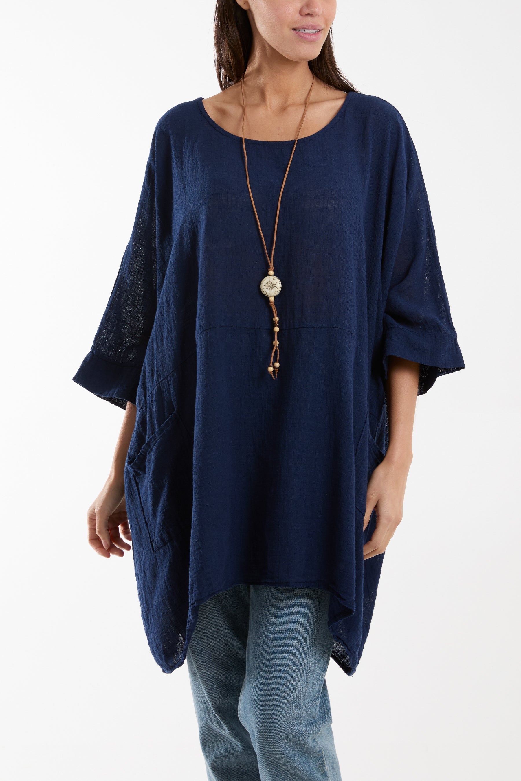 Cotton Mix Necklace Pockets Top Tops WearAll Navy One Size