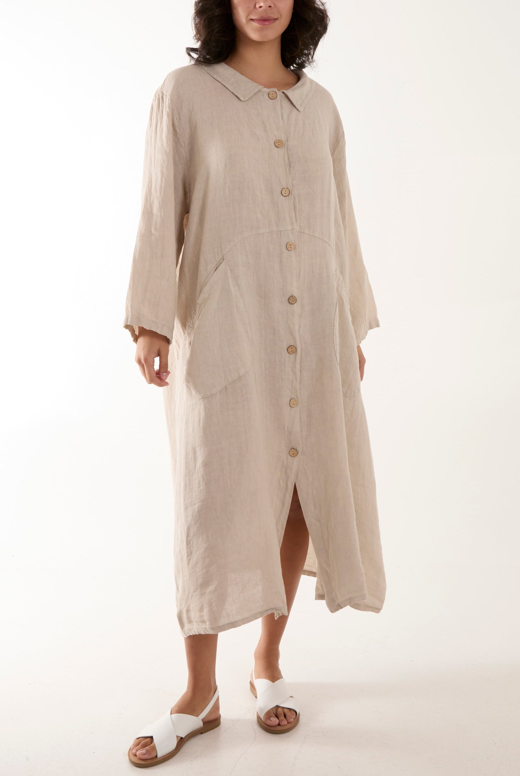Oversized Button Through Pocket Shirt Dress Dresses WearAll Stone One Size