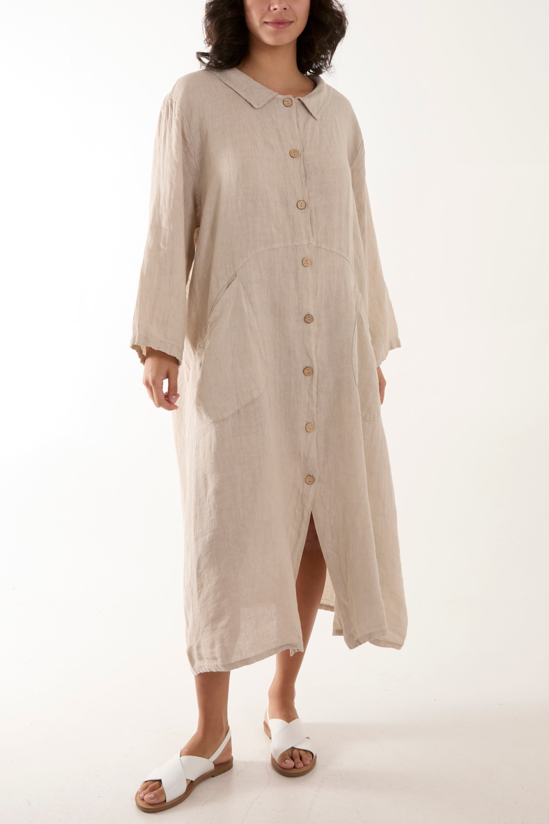 Oversized Button Through Pocket Shirt Dress Dresses WearAll Stone One Size