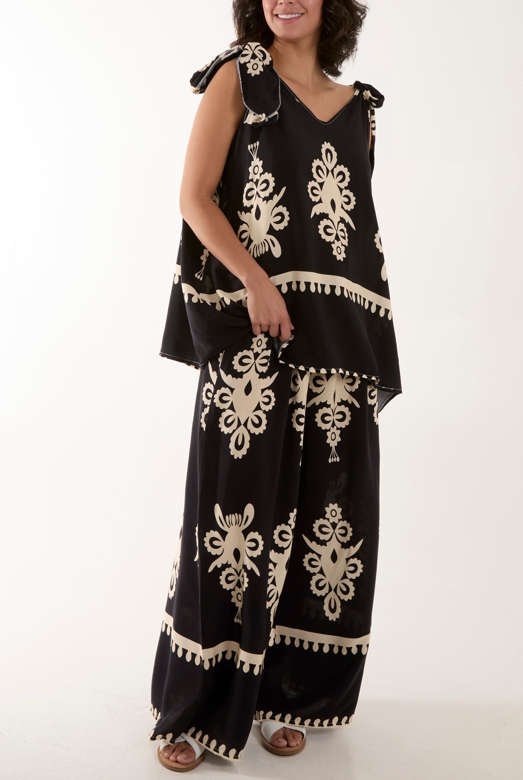 Tie Shoulder Vest & Trouser Printed Co-Ord Sets WearAll Black One Size