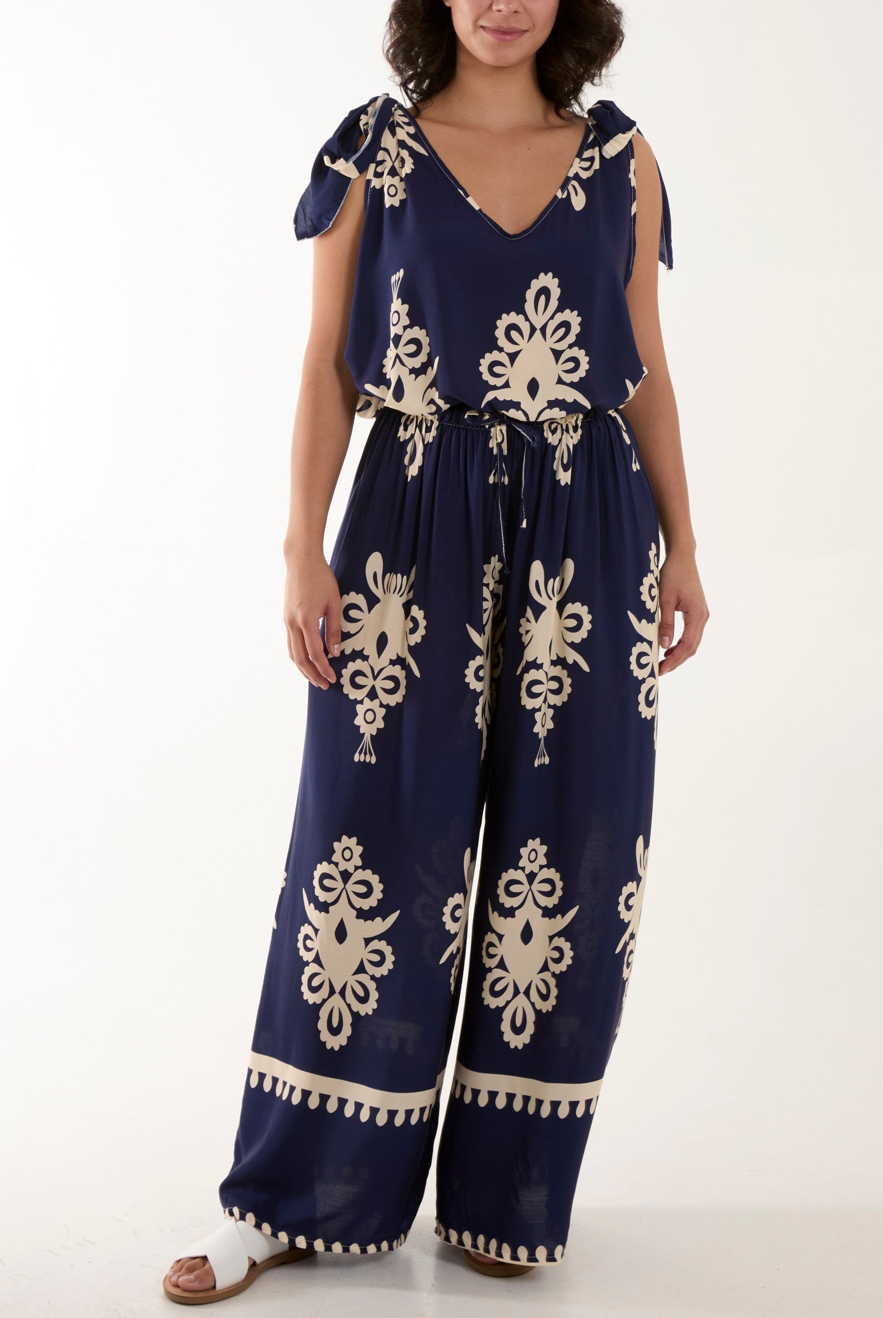 Tie Shoulder Vest & Trouser Printed Co-Ord Sets WearAll Navy One Size