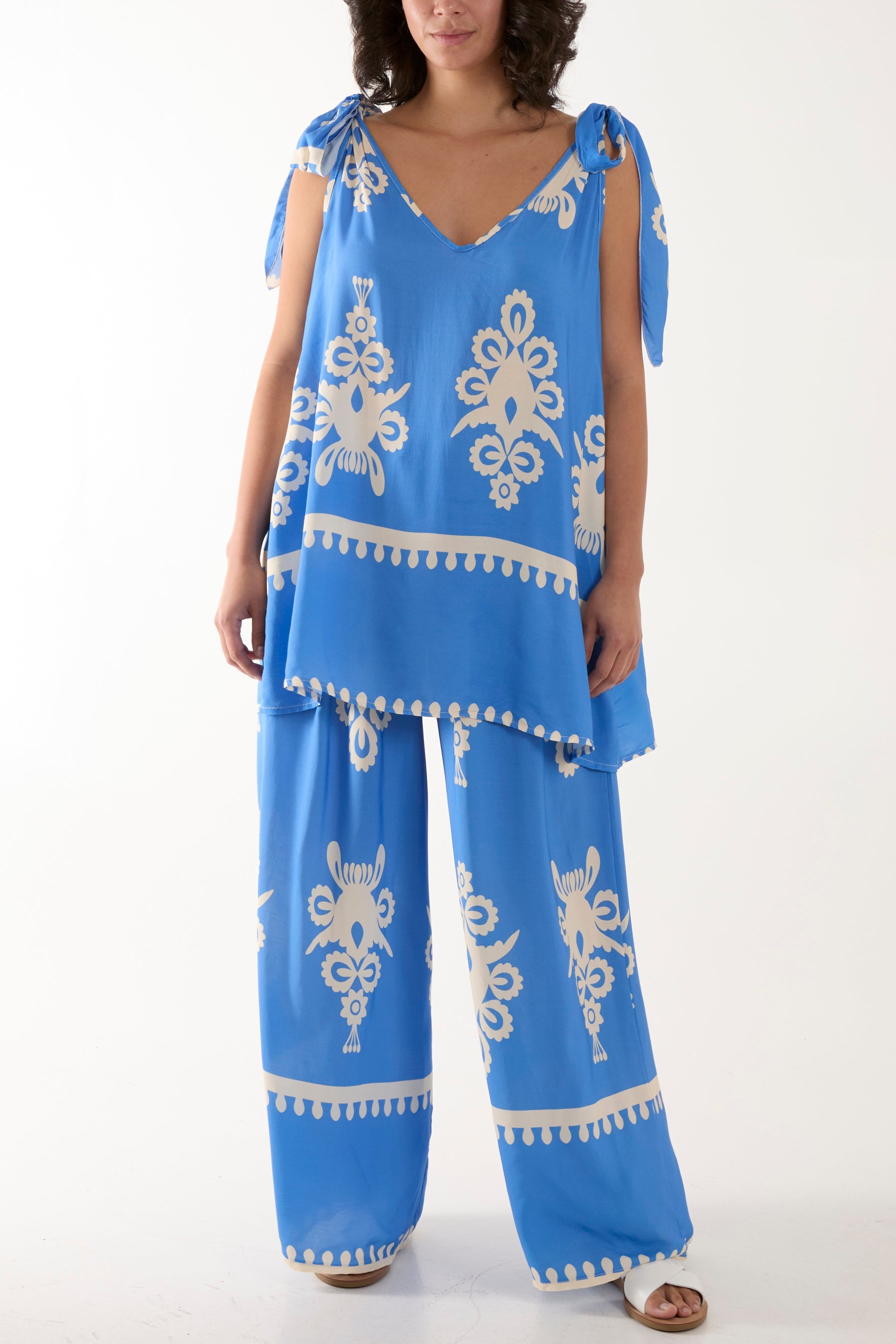 Tie Shoulder Vest & Trouser Printed Co-Ord Sets WearAll Blue One Size