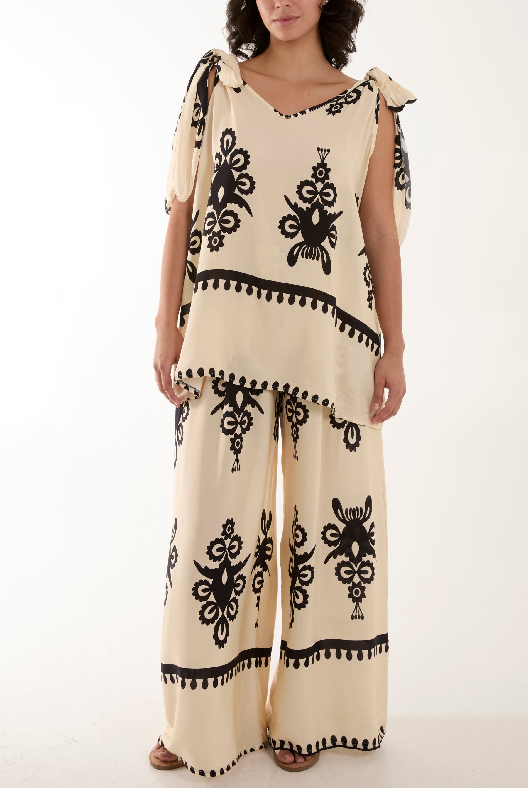 Tie Shoulder Vest & Trouser Printed Co-Ord Sets WearAll Stone One Size