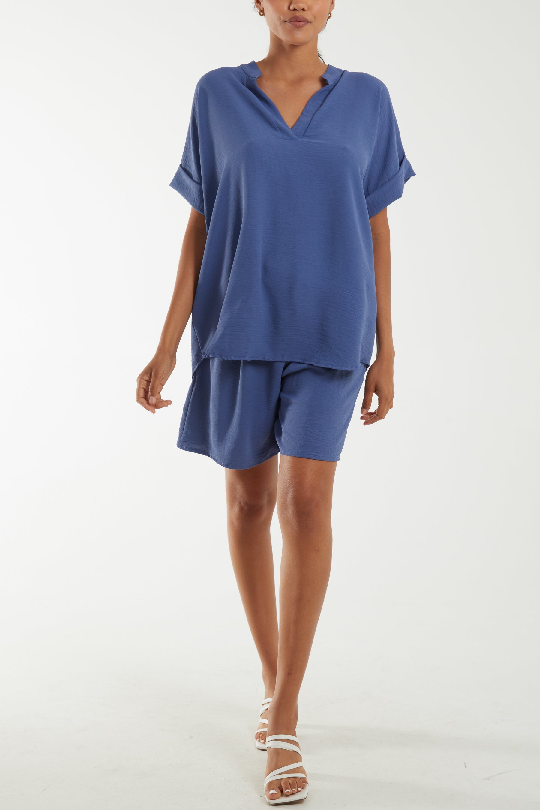 V-Neck Top and Shorts Co-Ord Set Co-Ords WearAll Denim One Size