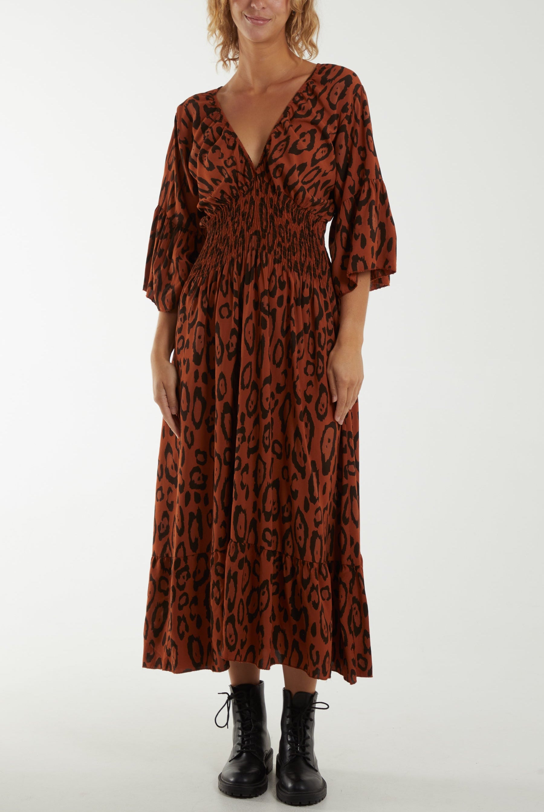 Leopard Shirred Bodice Maxi Dress Dresses WearAll Rust One Size