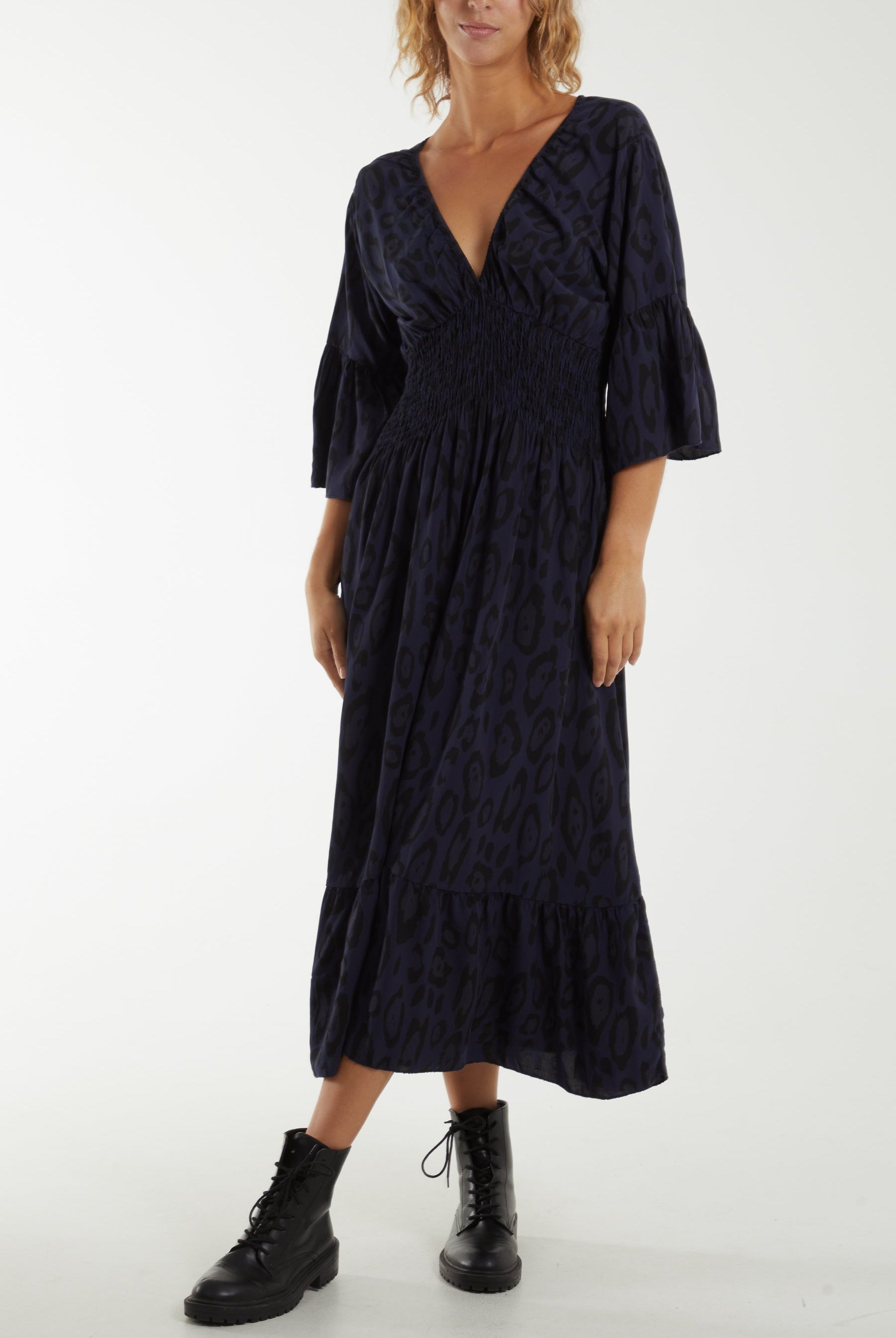 Leopard Shirred Bodice Maxi Dress Dresses WearAll Navy One Size