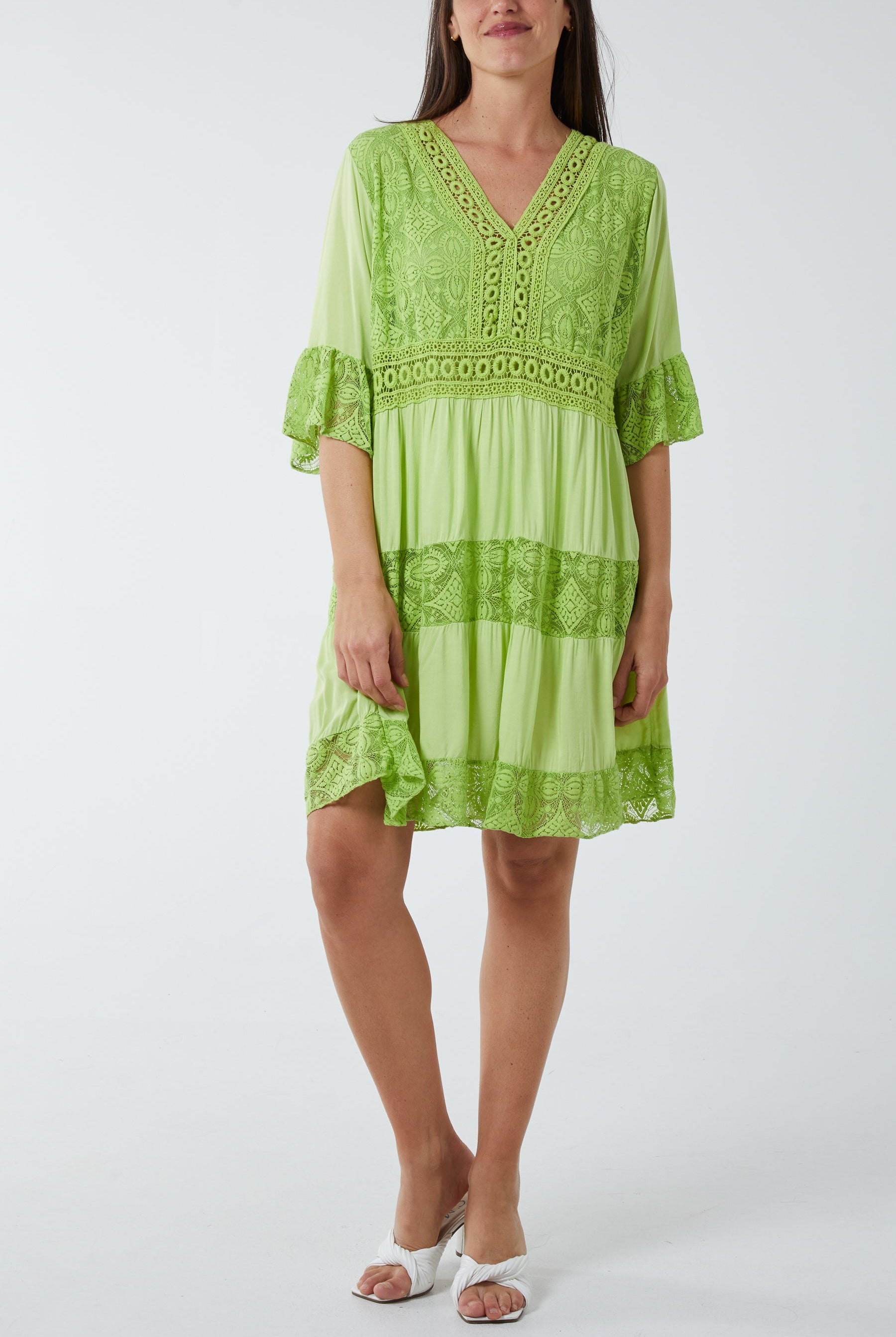 Lace Tiered Smock Dress Dresses WearAll Lime One Size