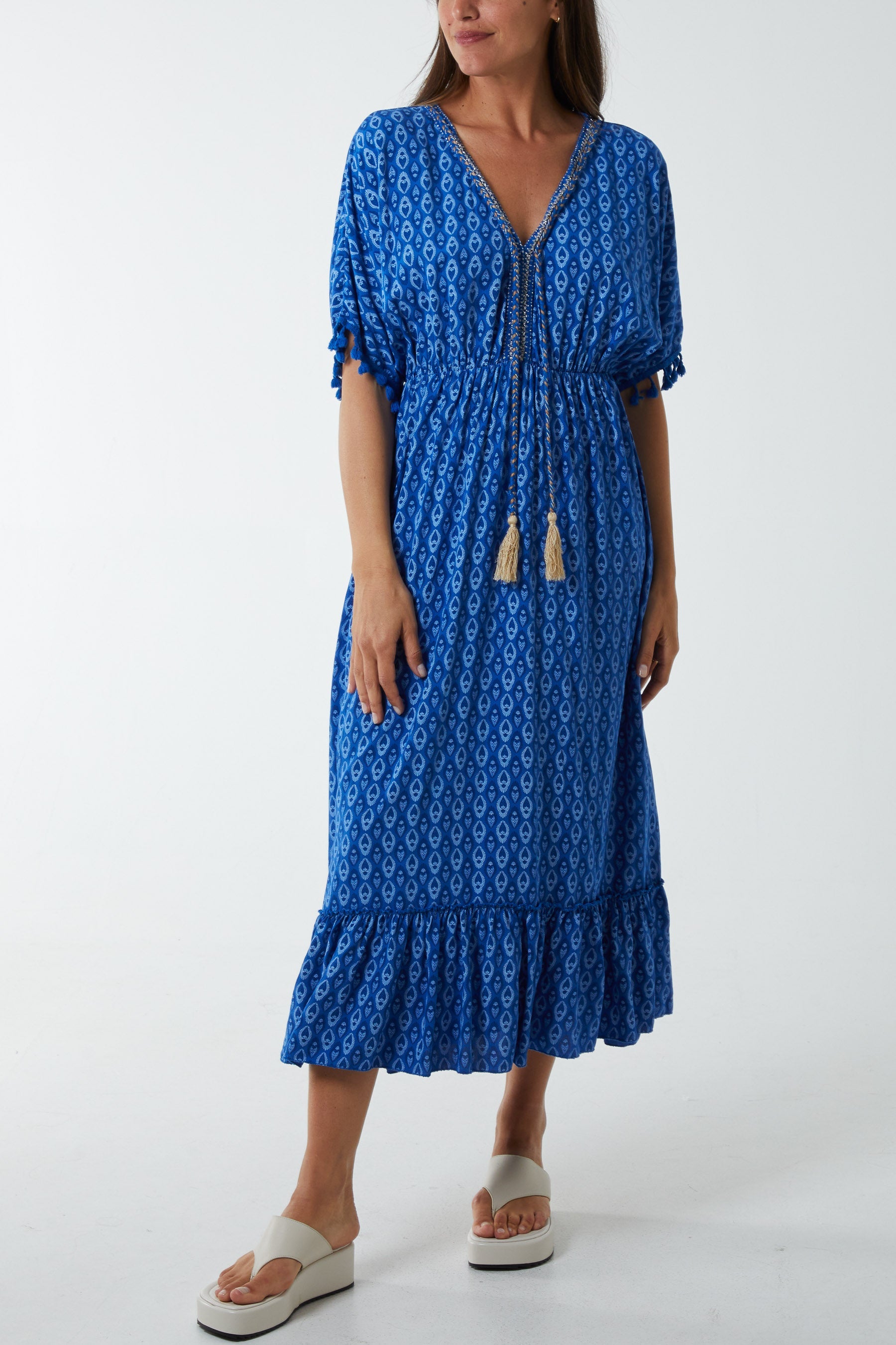 Mosaic Print Tassel Dress Dresses WearAll Royal Blue One Size