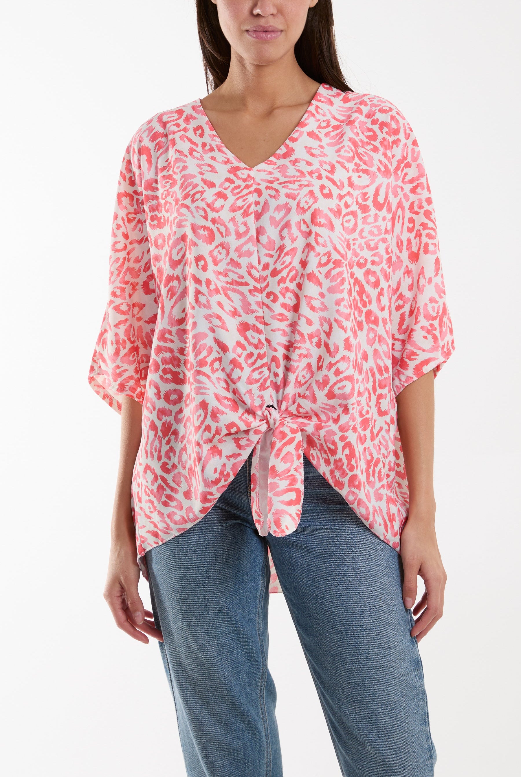Knot Front Leopard Print Top Tops WearAll Coral One Size