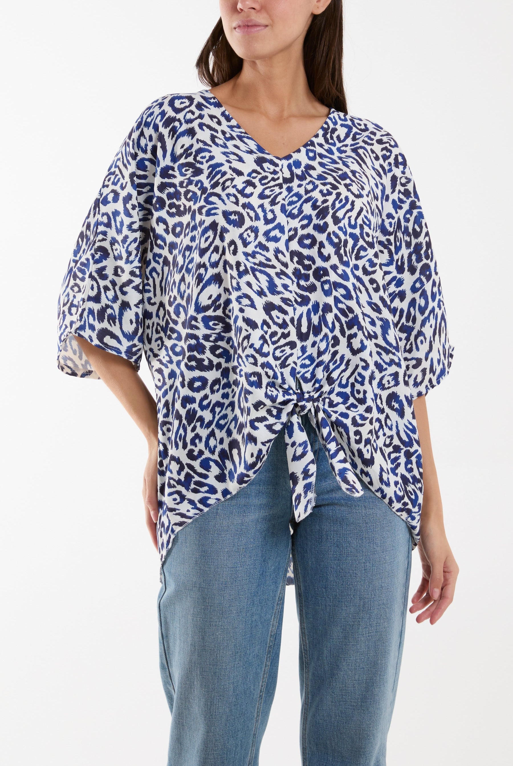 Knot Front Leopard Print Top Tops WearAll Navy One Size