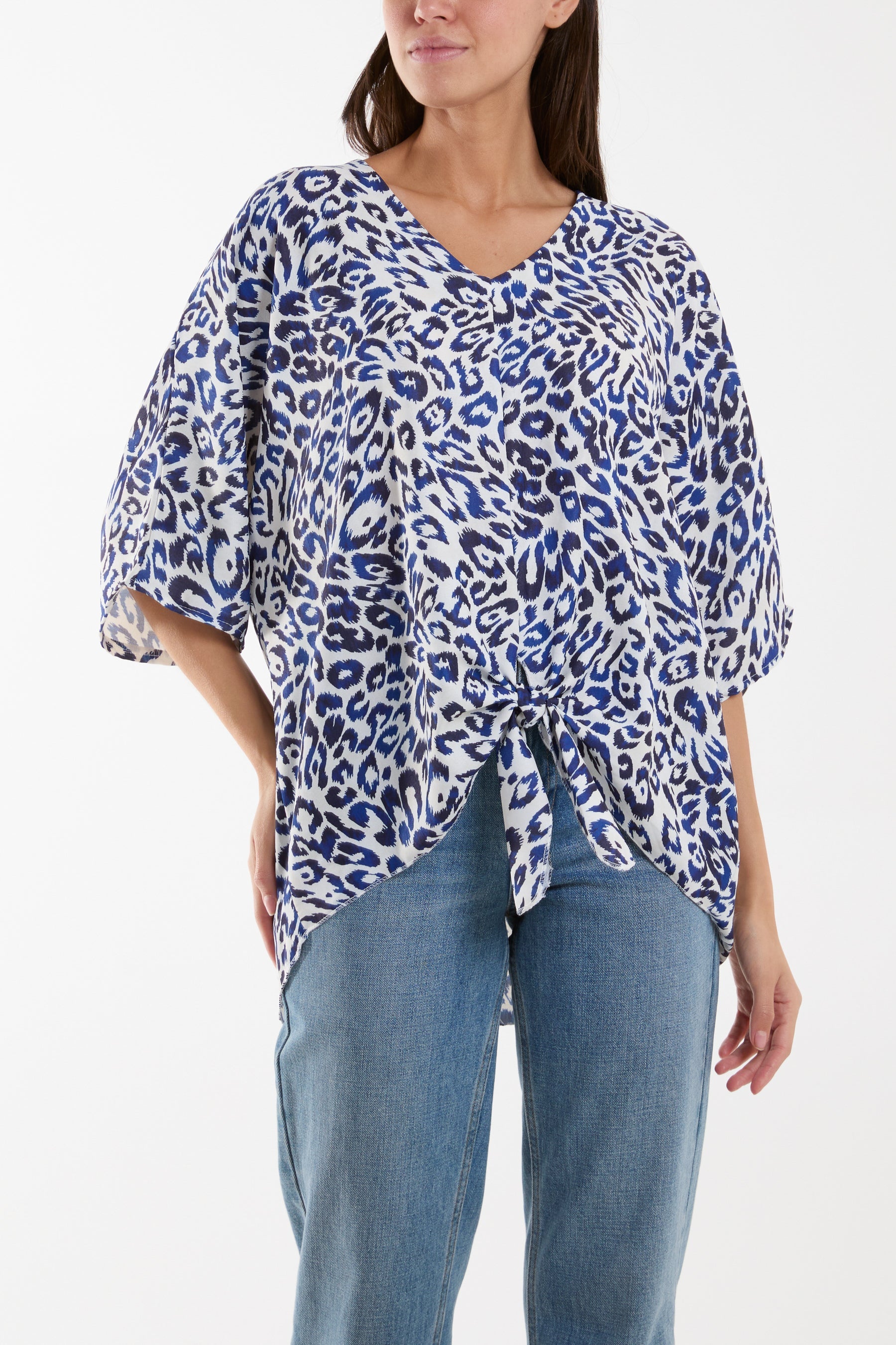 Knot Front Leopard Print Top Tops WearAll Navy One Size