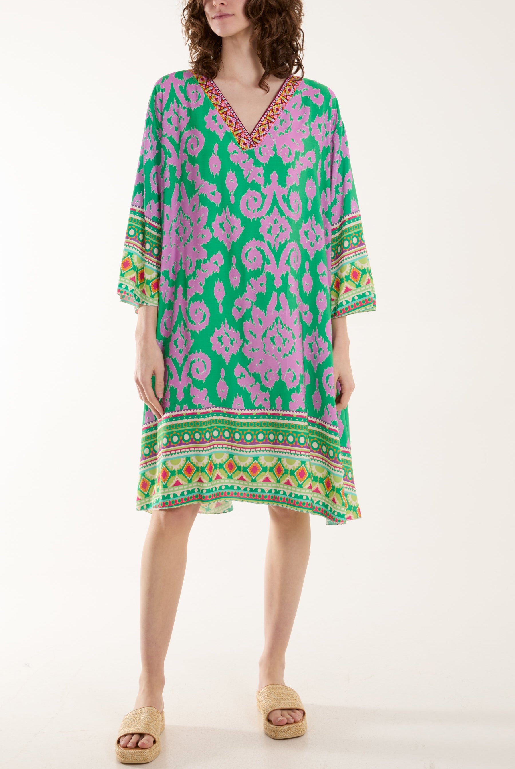 Embroidery V-Neck Printed Tunic Dress Dresses WearAll Jade One Size