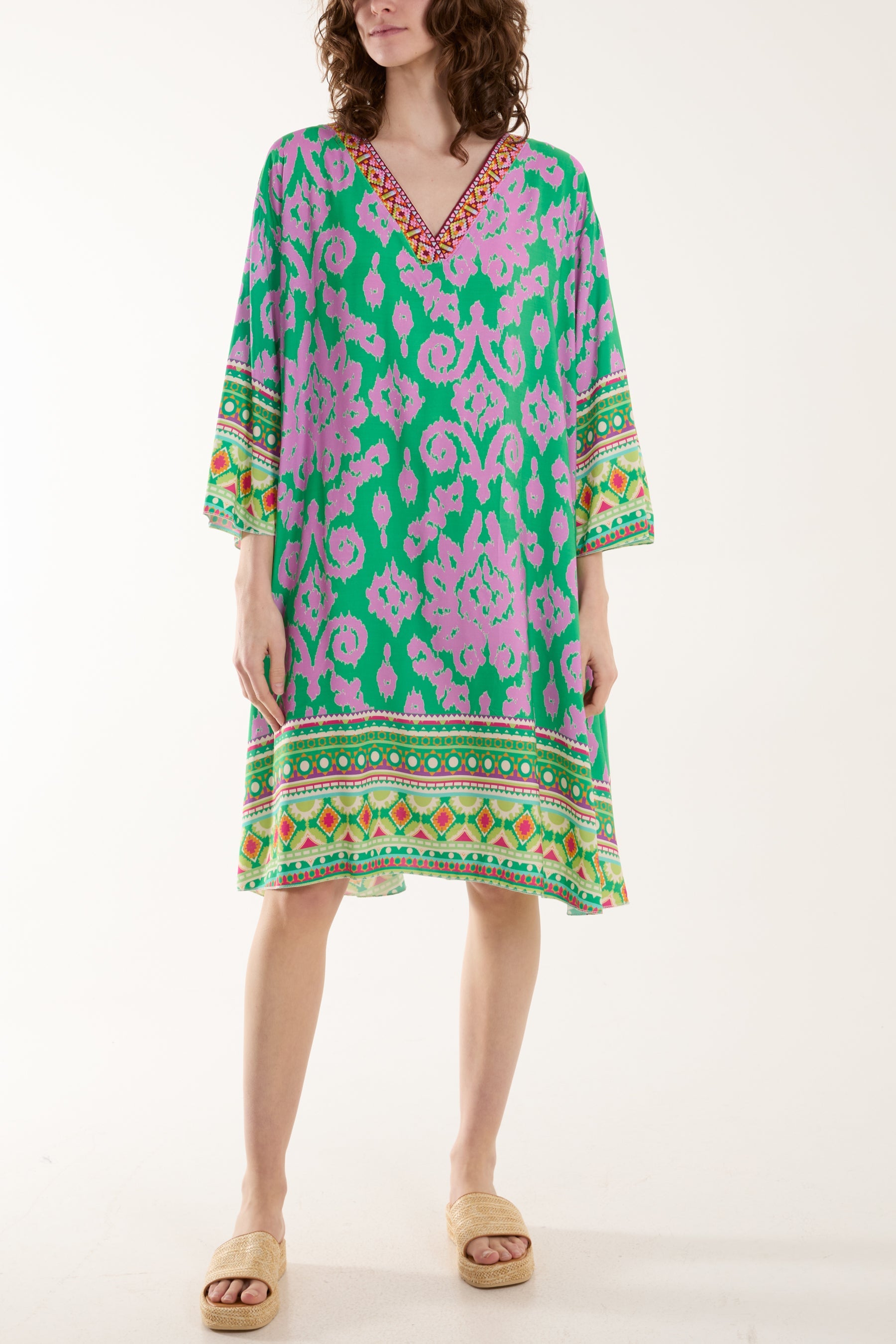 Embroidery V-Neck Printed Tunic Dress Dresses WearAll Jade One Size