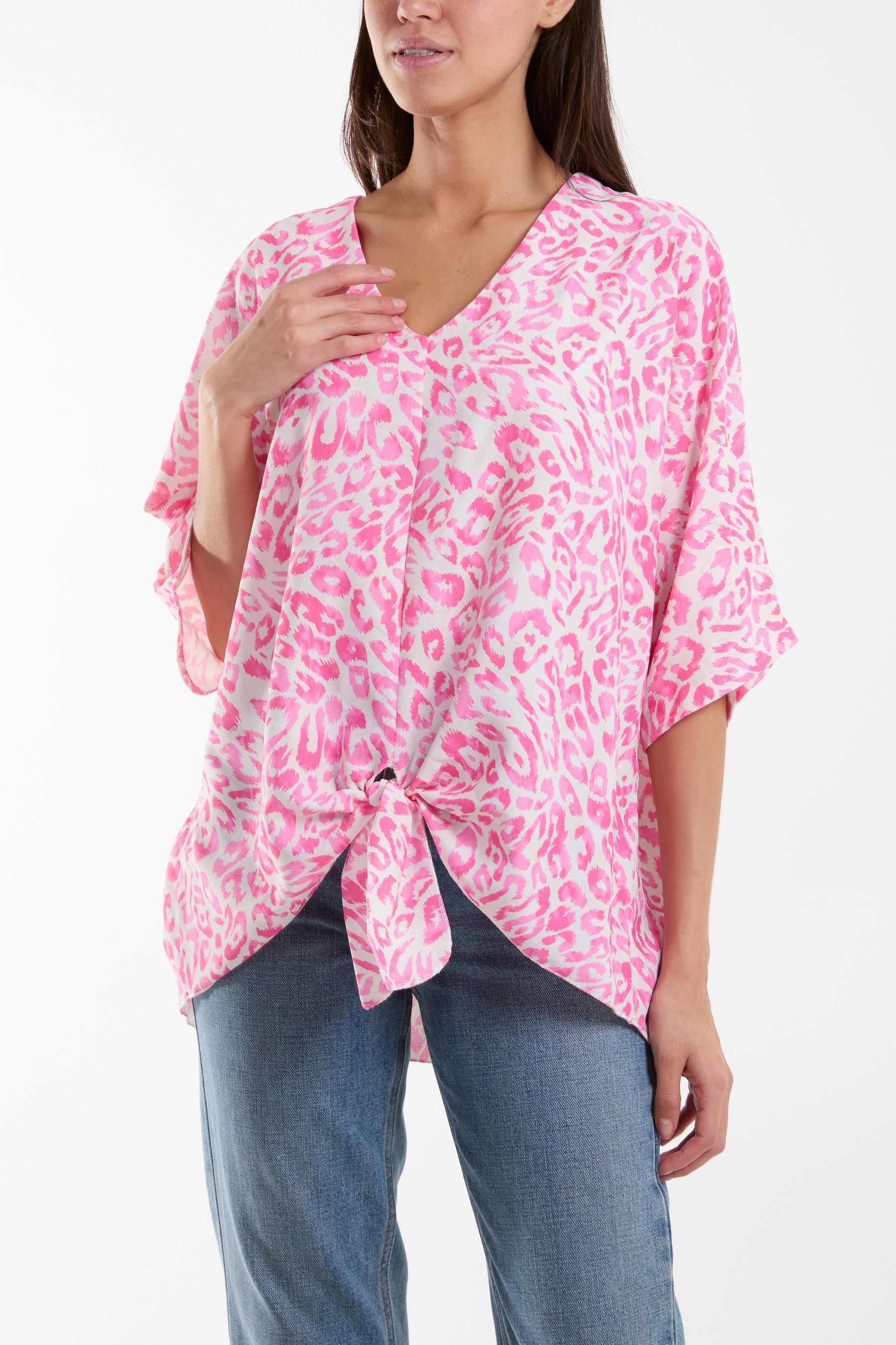 Knot Front Leopard Print Top Tops WearAll Hot Pink One Size