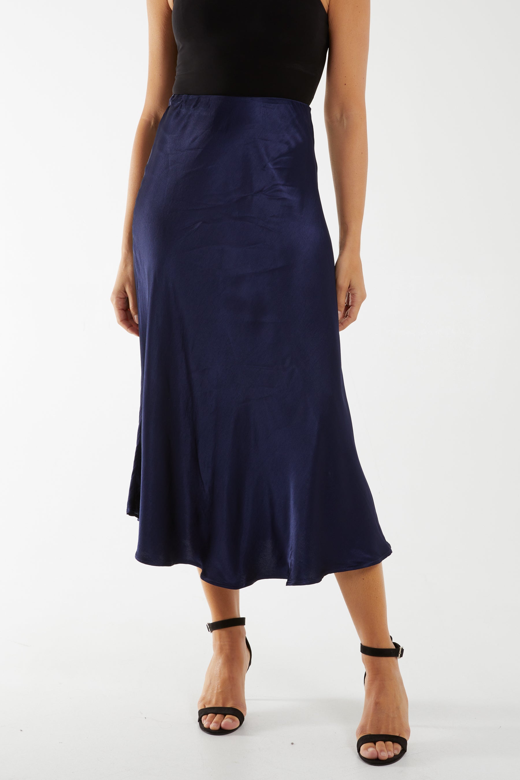 Waistband Satin Midi Skirt Skirts WearAll Navy One Size