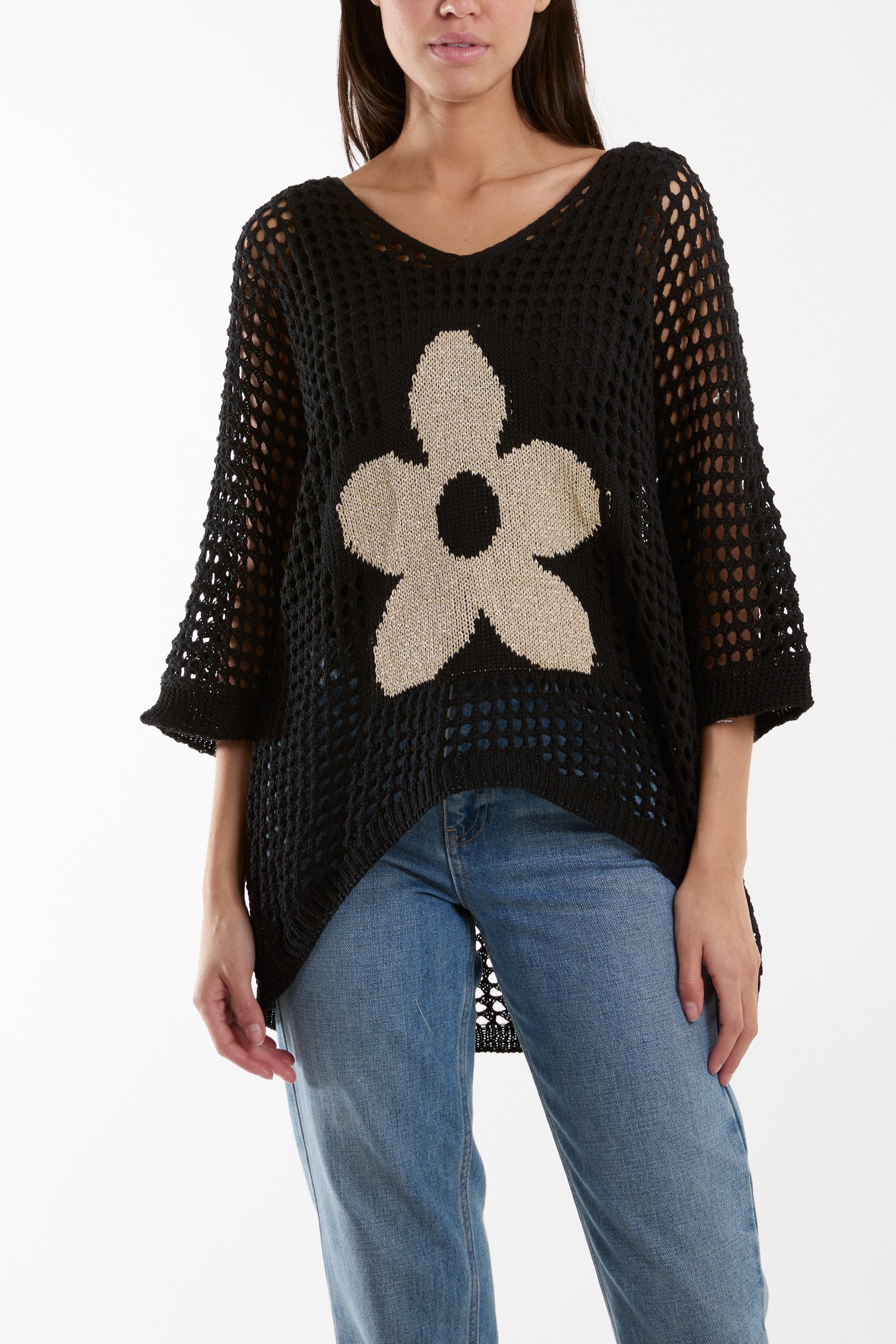V-Neck Daisy Crochet Top Jumpers WearAll Black One Size