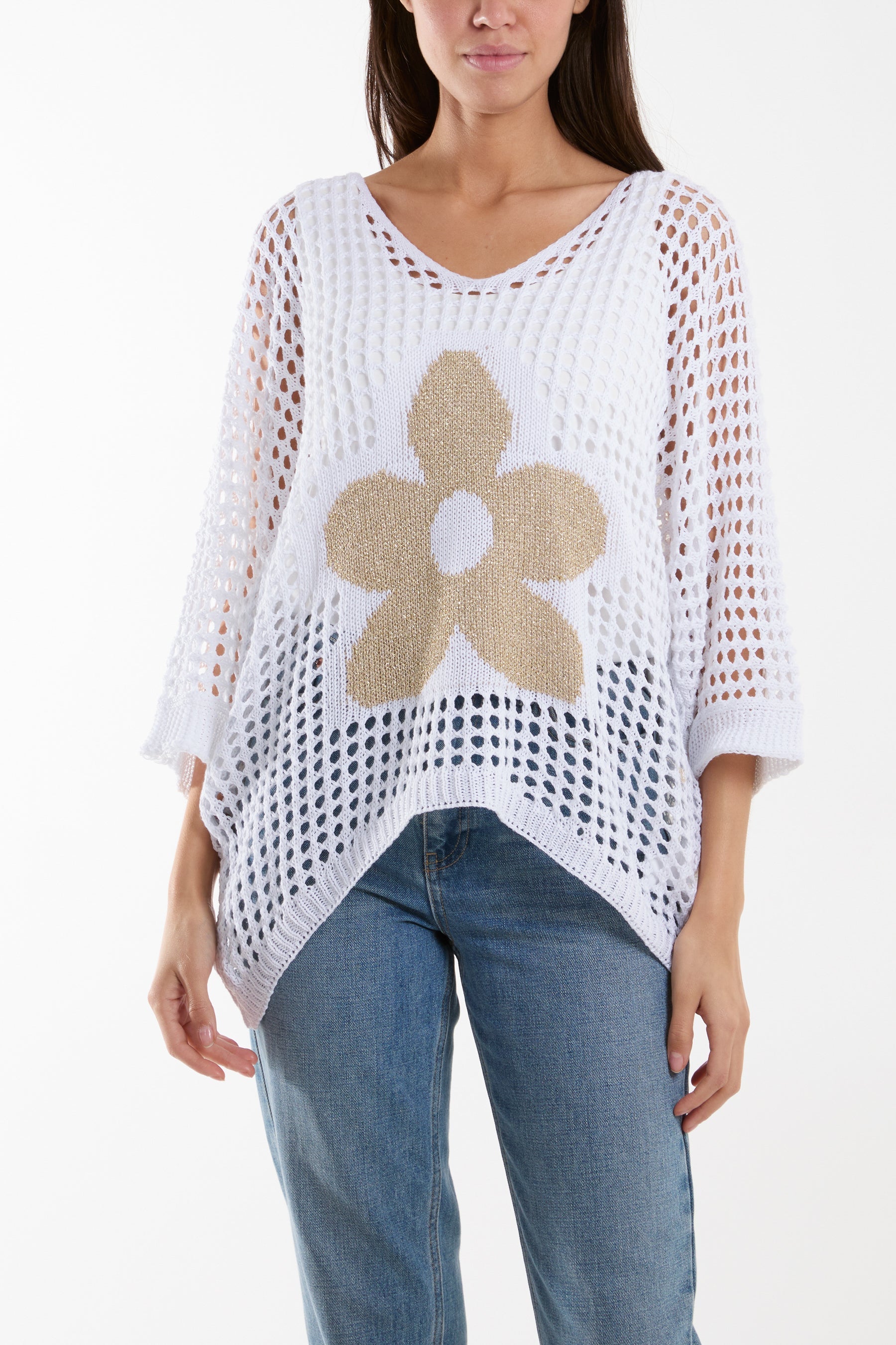 V-Neck Daisy Crochet Top Jumpers WearAll White One Size