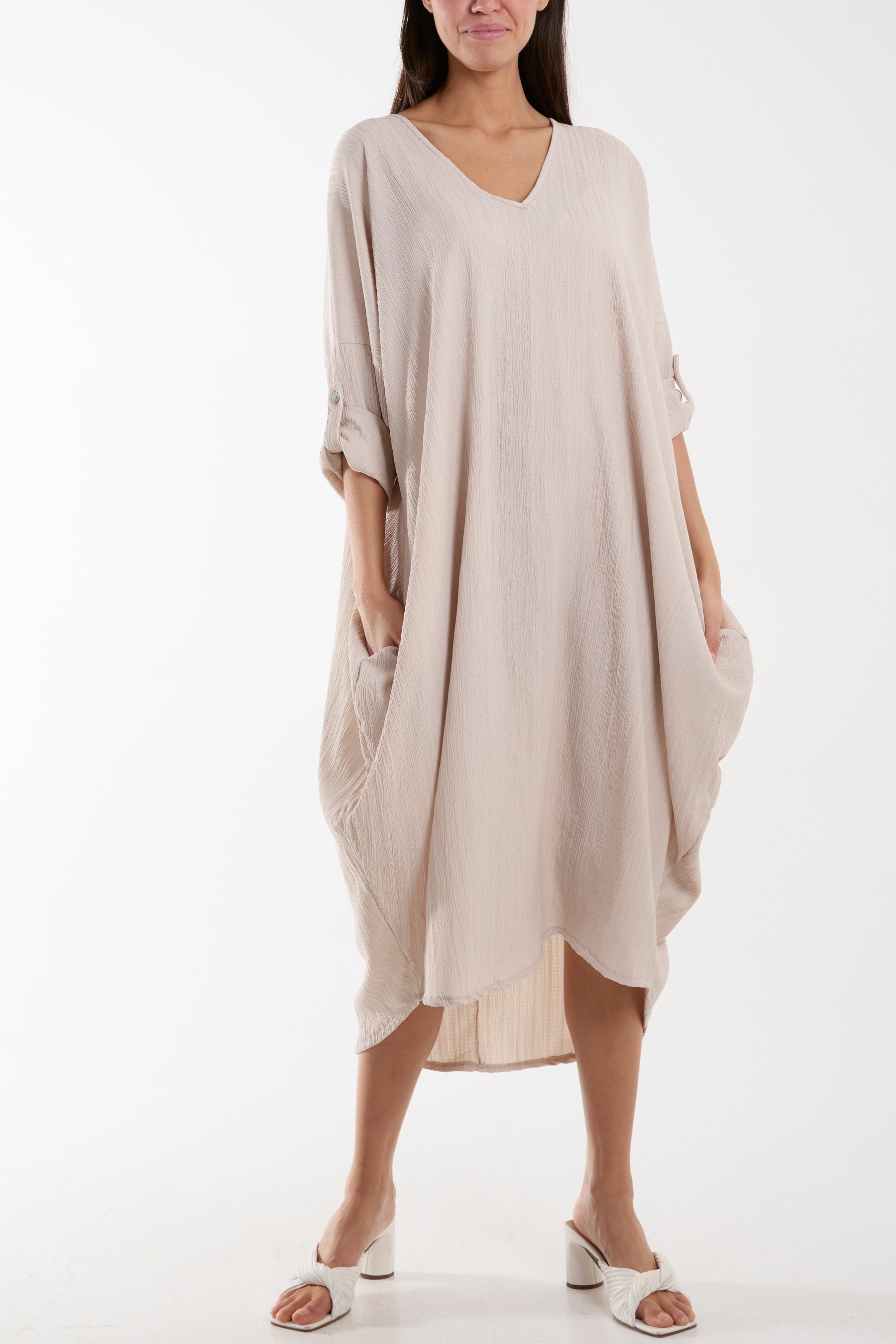 Crinkle Cocoon Midi Dress w/ Pockets Dresses WearAll Stone One Size