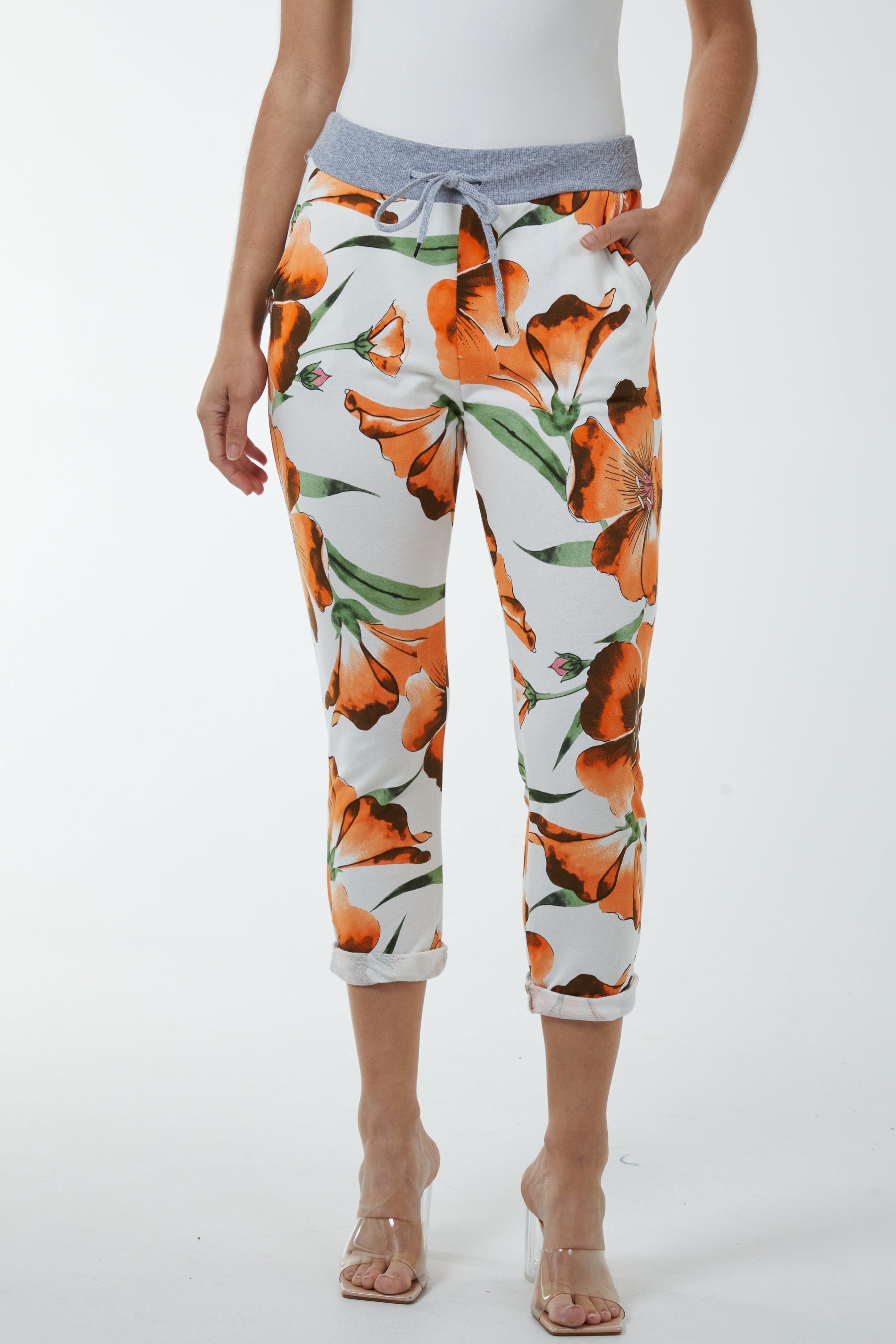 Hawaiian Flower Contrast Waist Trousers Trousers WearAll Orange One Size