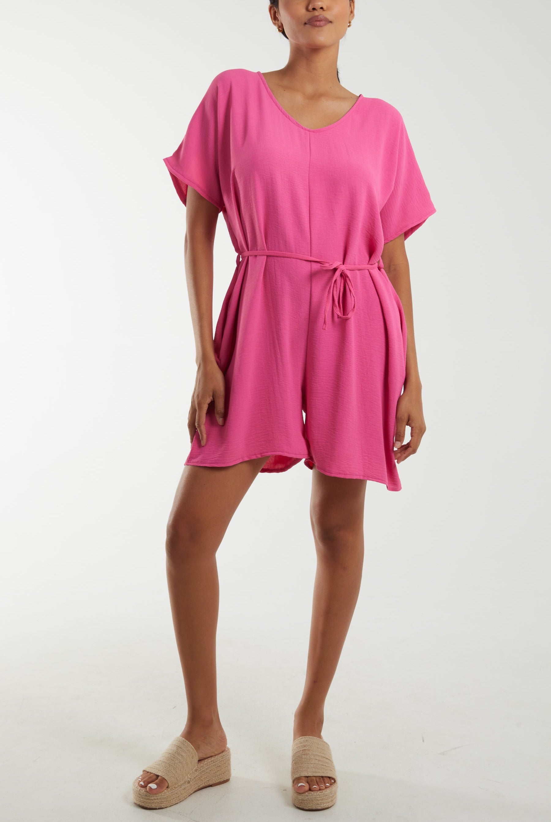 Tie Belt & Button Back Playsuit Playsuits WearAll Hot Pink One Size