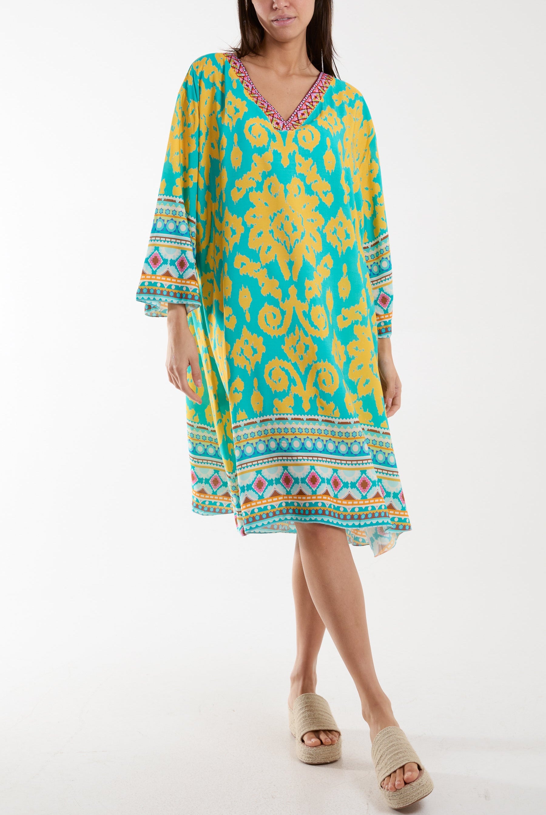 Embroidery V-Neck Printed Tunic Dress Dresses WearAll Turquoise One Size