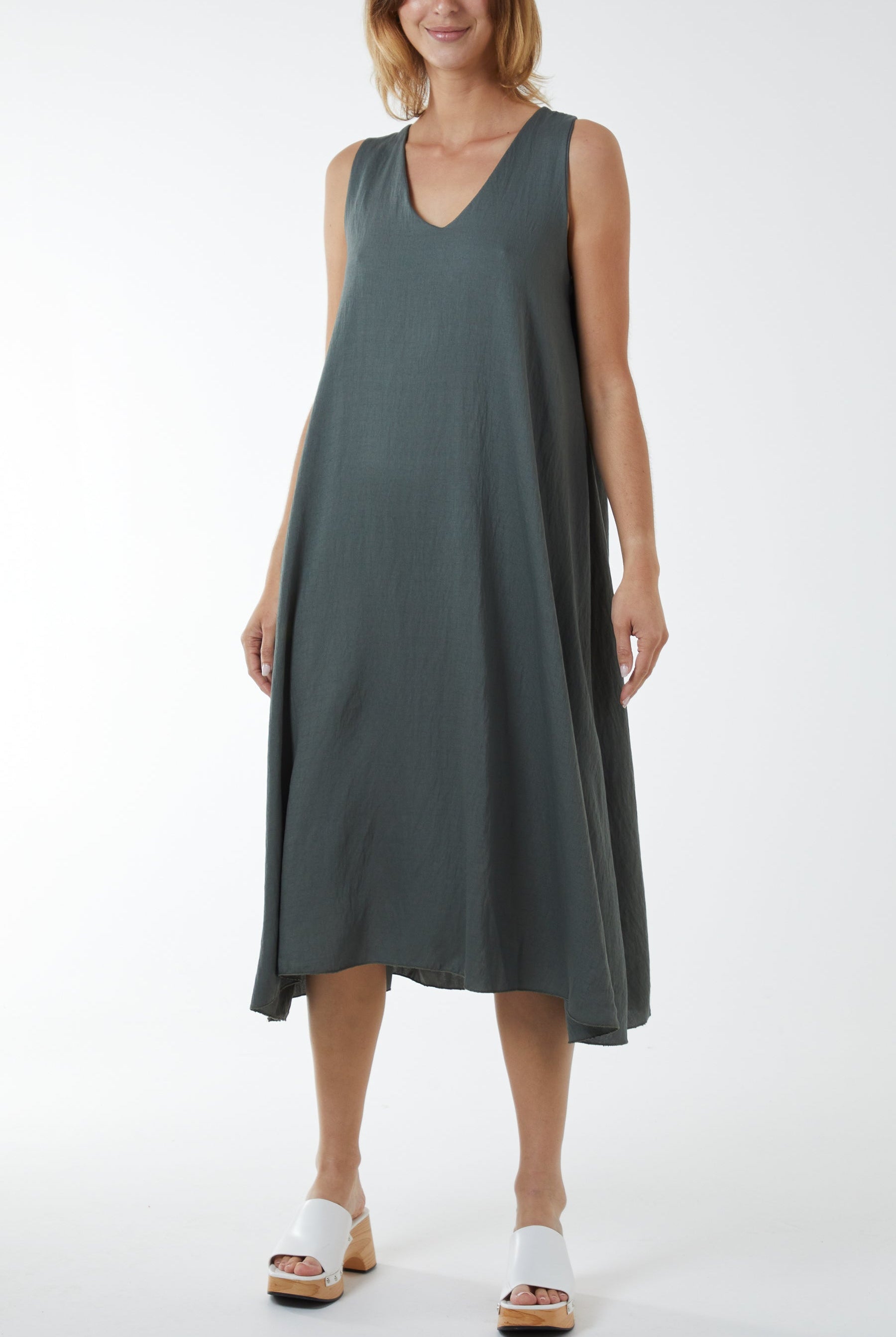 V Neck Sleeveless Dress Dresses WearAll Charcoal One Size