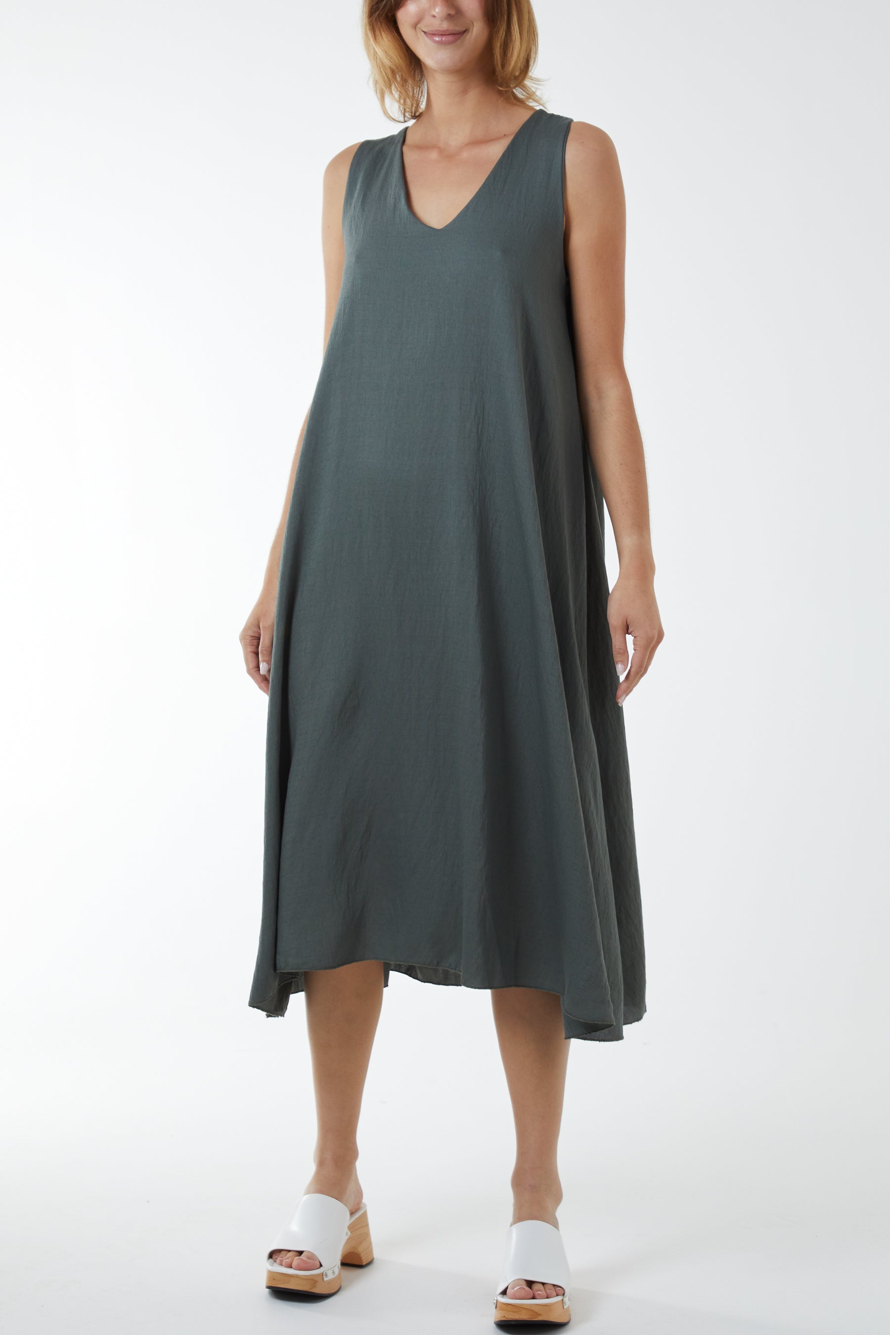 V Neck Sleeveless Dress Dresses WearAll Charcoal One Size