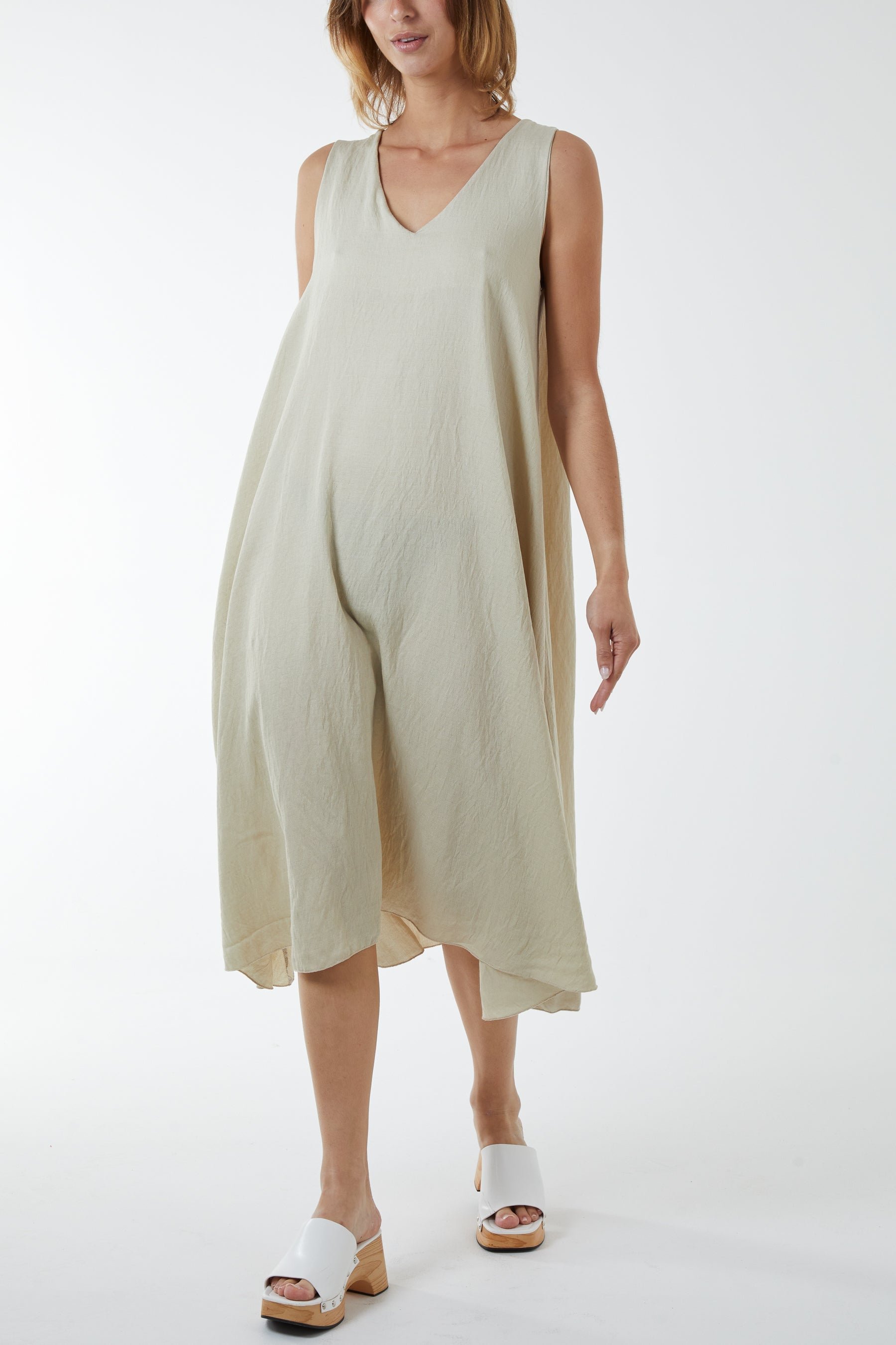 V Neck Sleeveless Dress Dresses WearAll Beige One Size