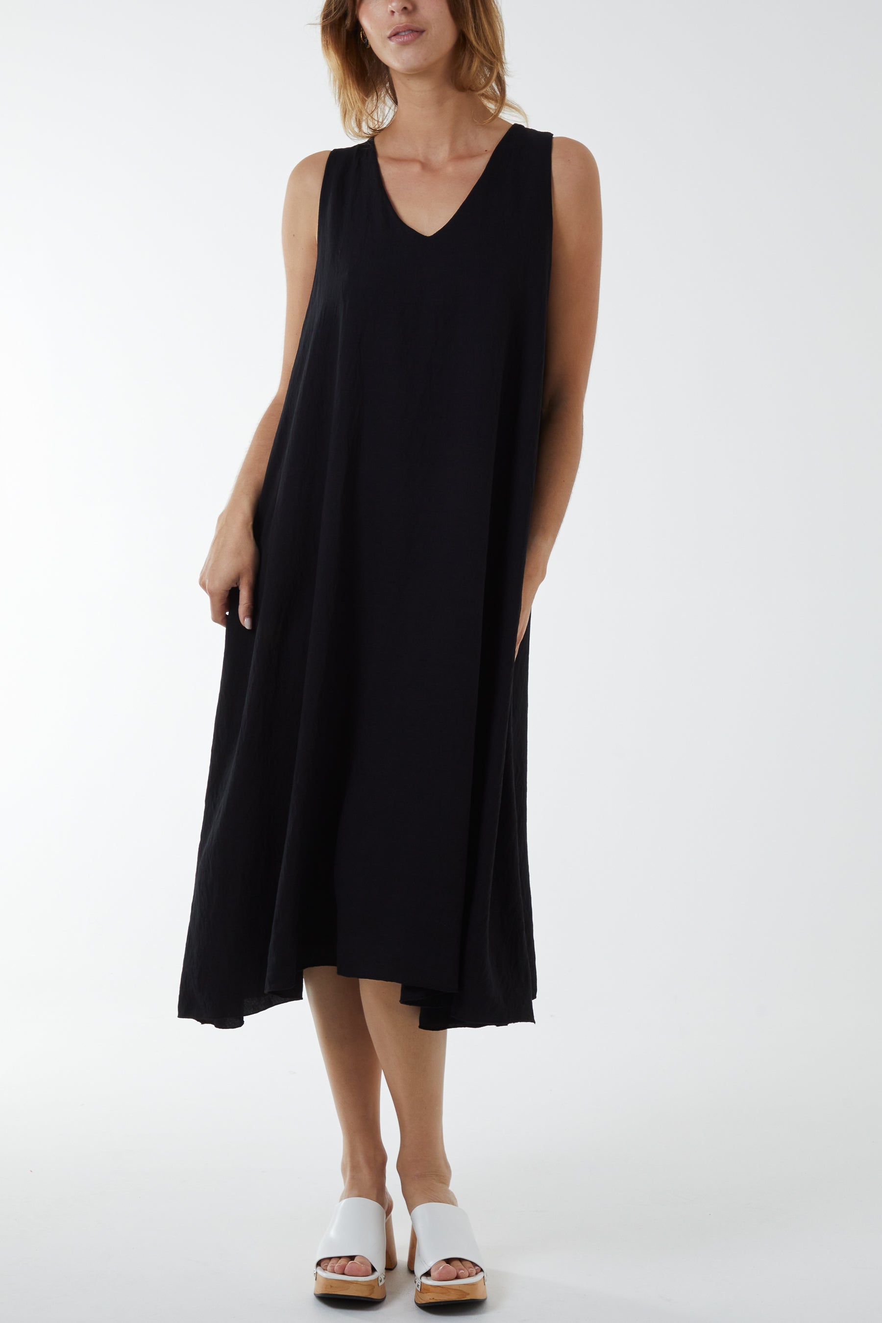 V Neck Sleeveless Dress Dresses WearAll Black One Size