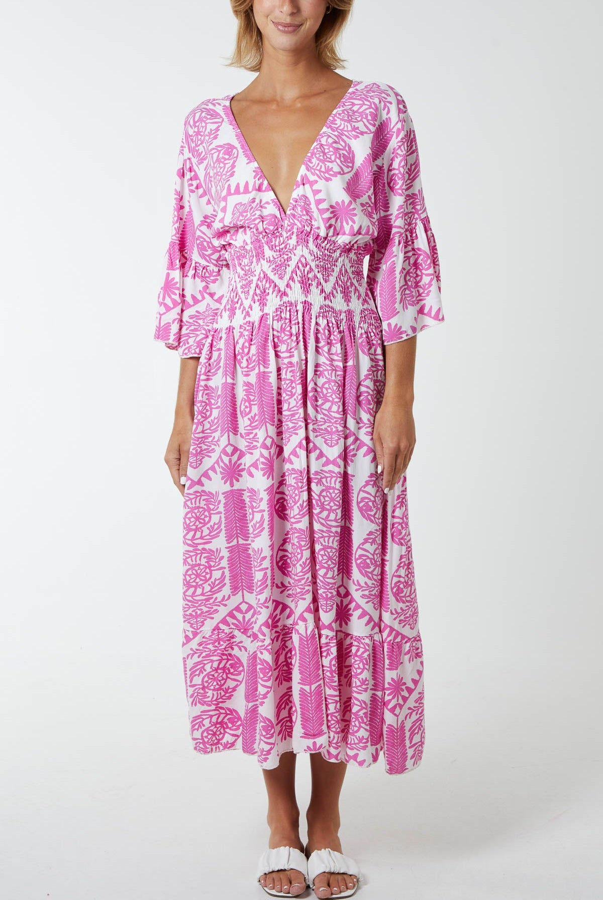 Baroque Floral Shirred Midi Dress DMF2 WearAll Fuchsia One Size