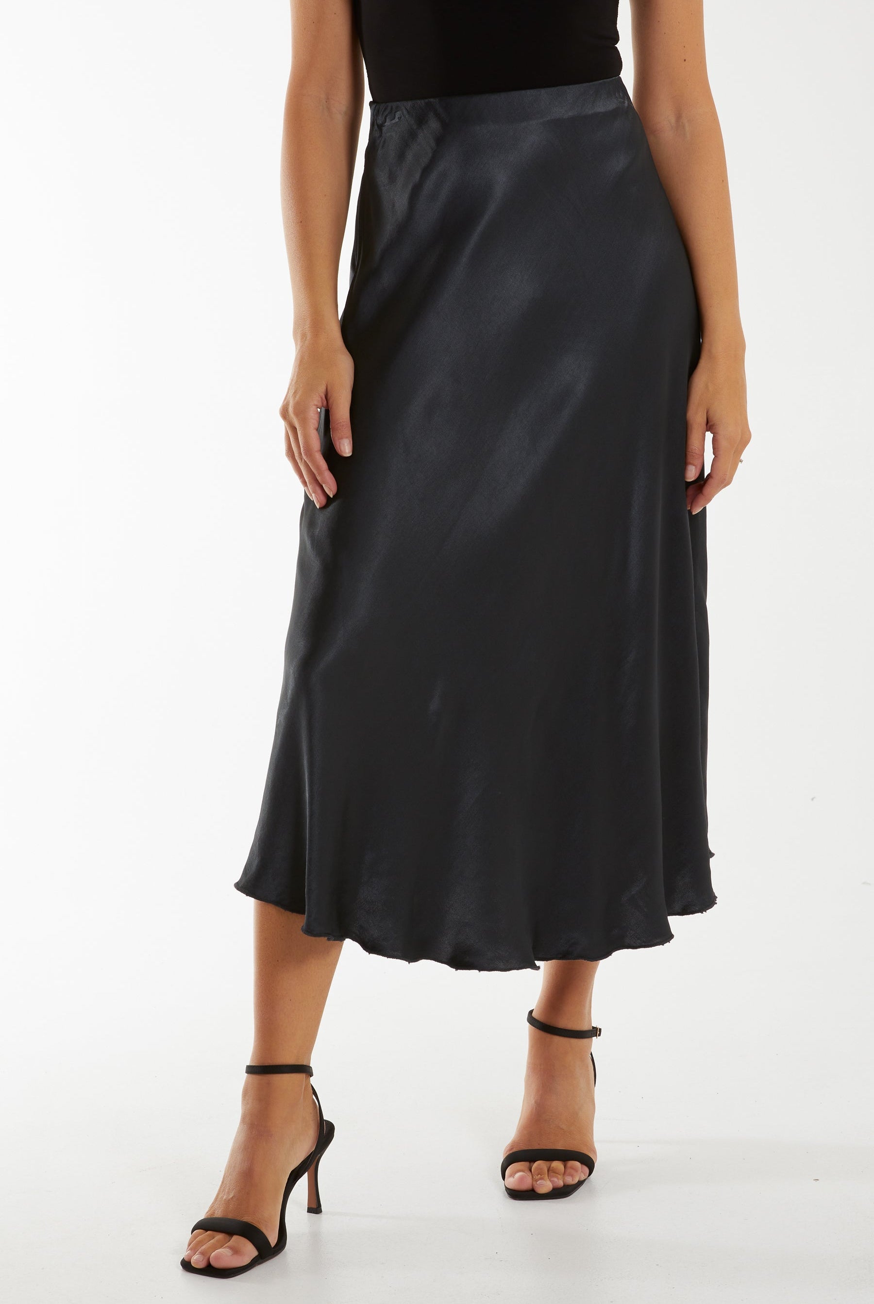 Waistband Satin Midi Skirt Skirts WearAll Charcoal One Size