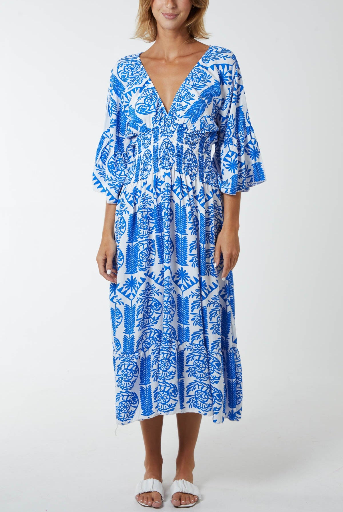 Baroque Floral Shirred Midi Dress DMF2 WearAll Royal Blue One Size