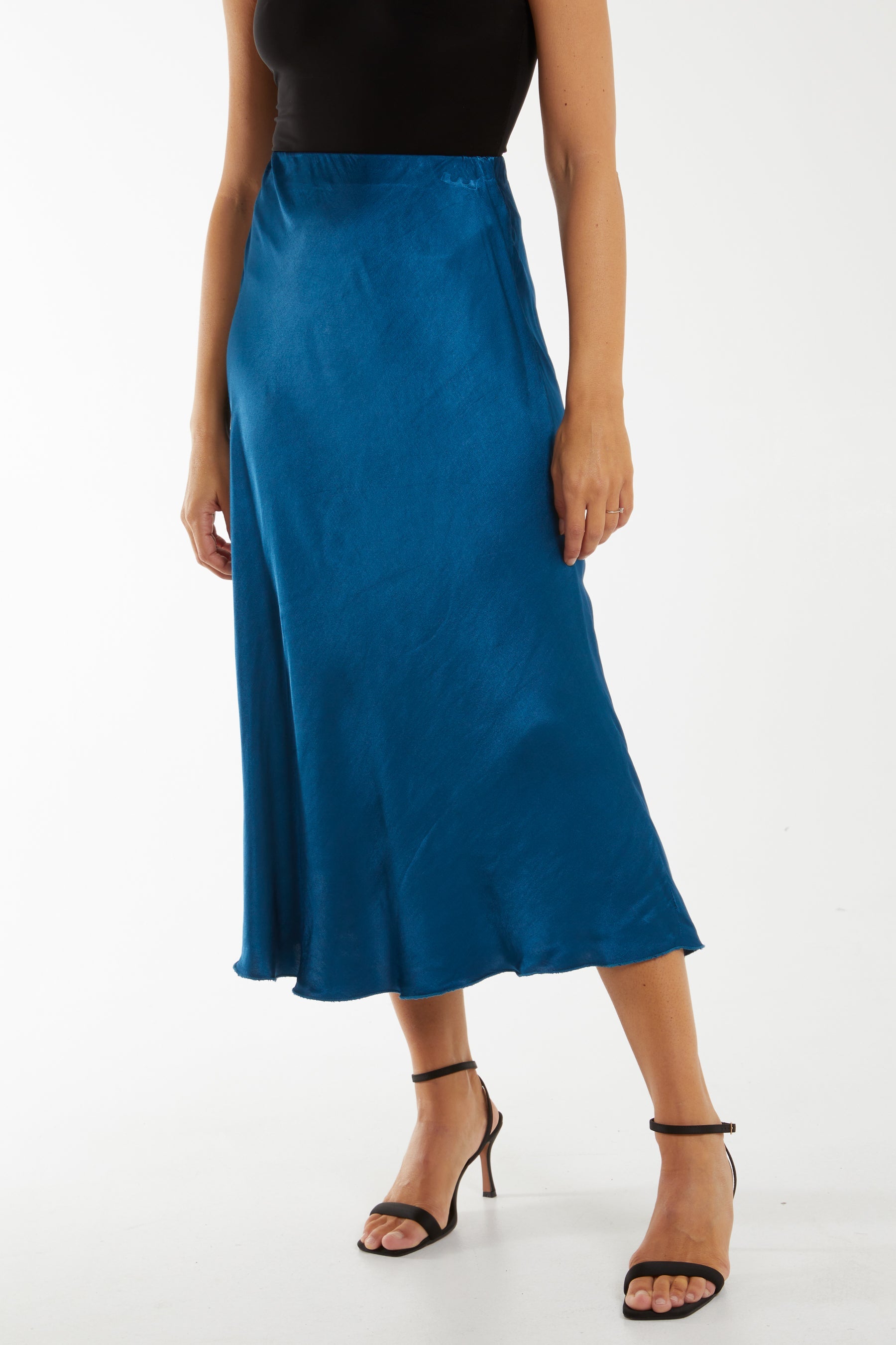 Waistband Satin Midi Skirt Skirts WearAll Petrol One Size