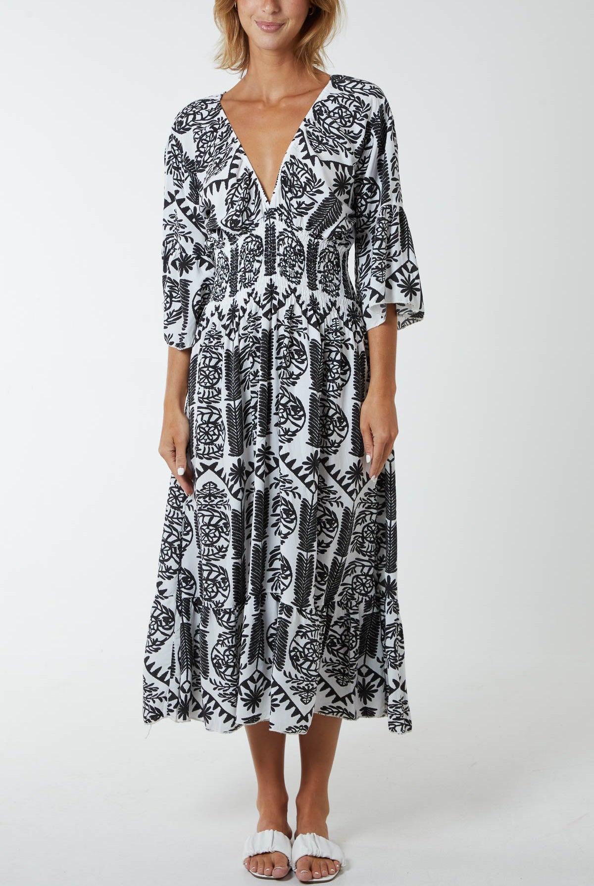 Baroque Floral Shirred Midi Dress DMF2 WearAll Black One Size