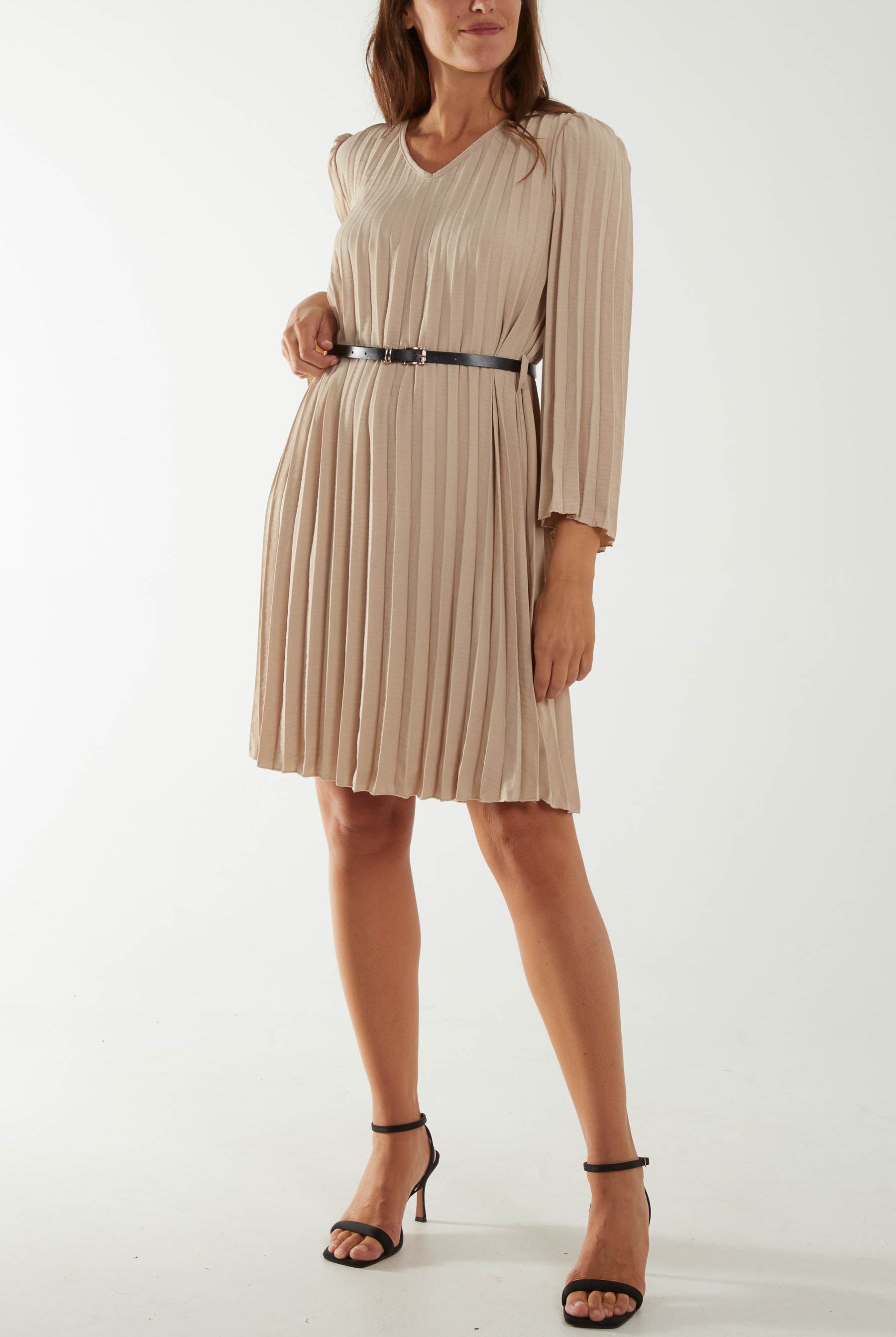 Pleated V-Neck Belted Mini Dress Dresses WearAll Stone One Size