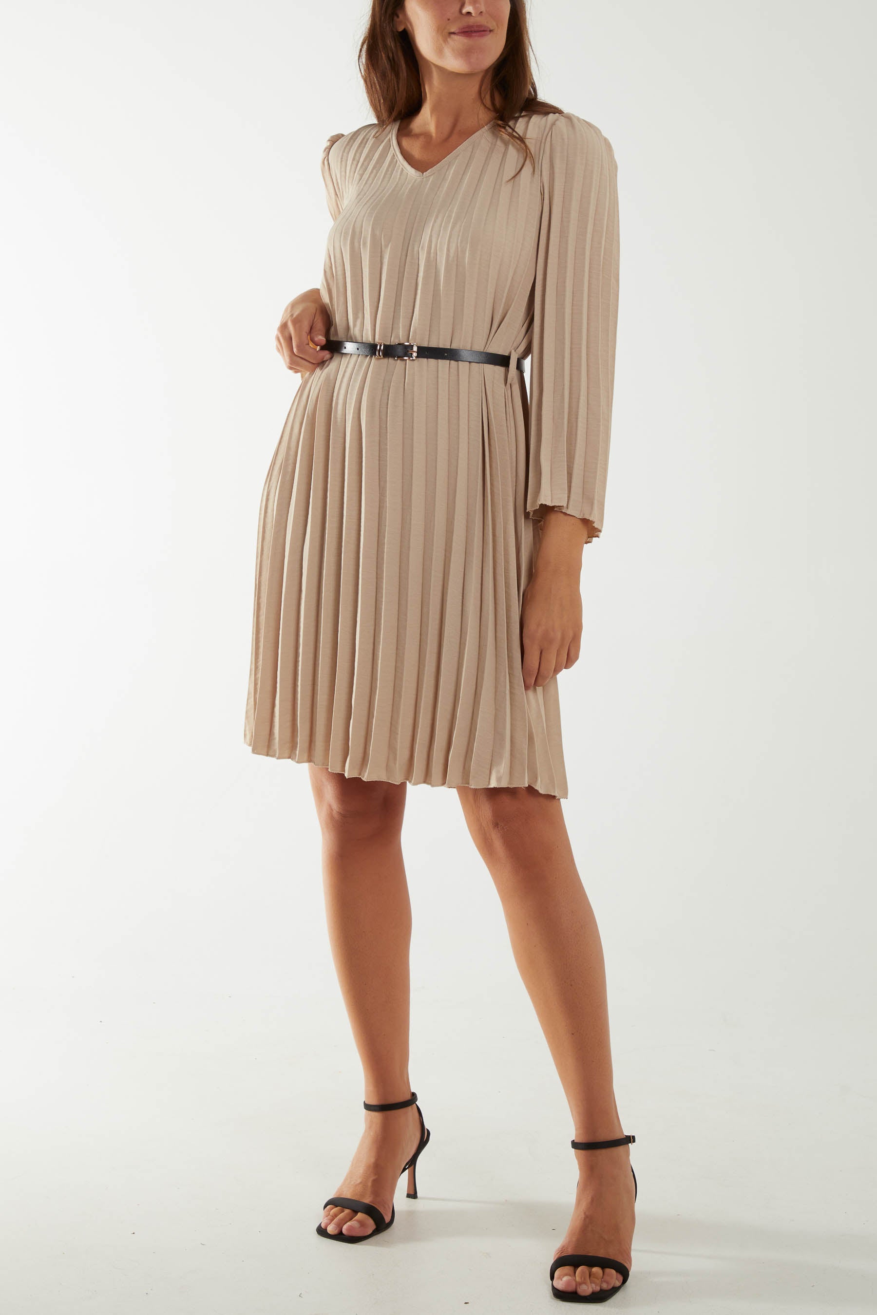 Pleated V-Neck Belted Mini Dress Dresses WearAll Stone One Size