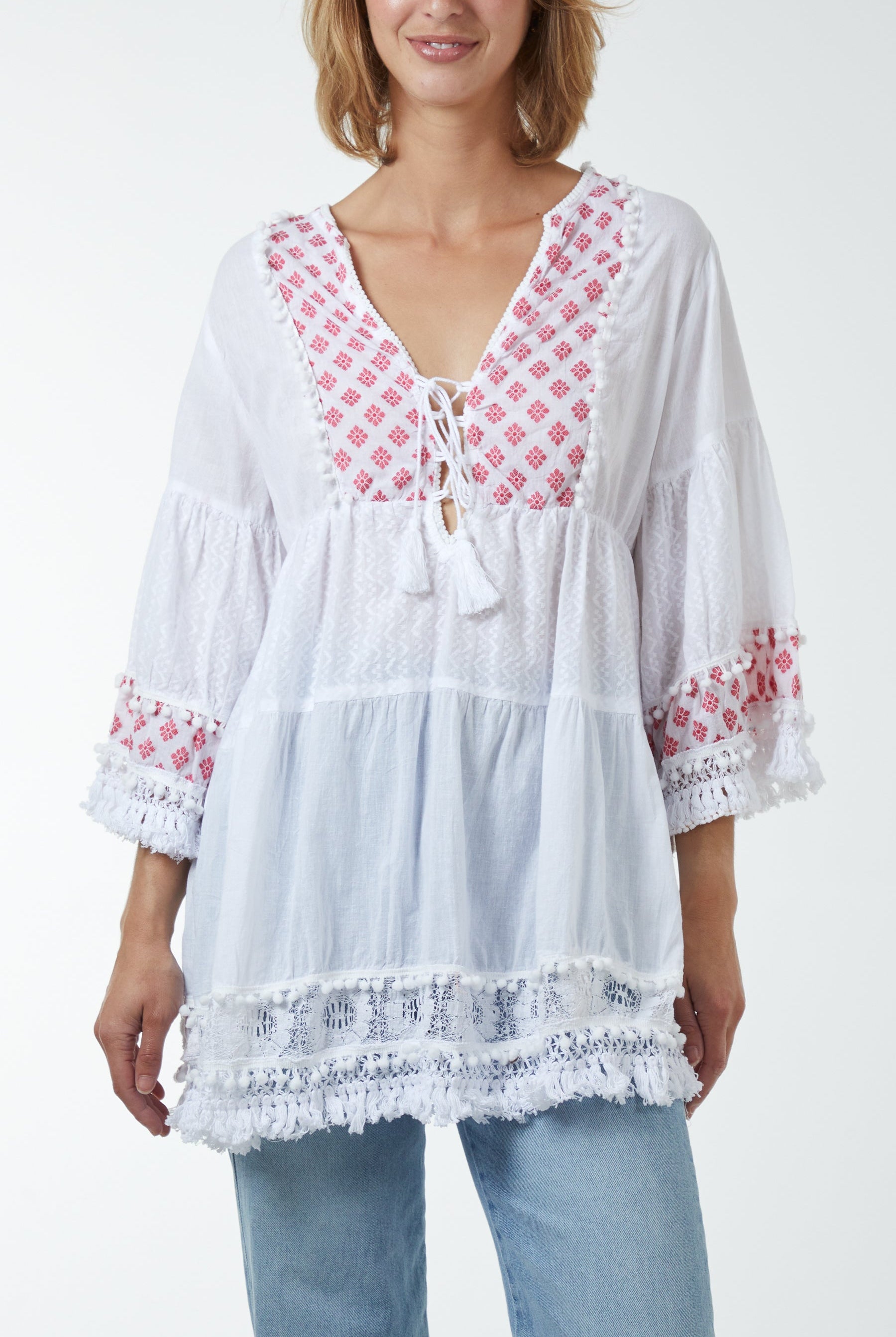 Gold Detailing Tassel Tiered Top Blouses WearAll Red One Size