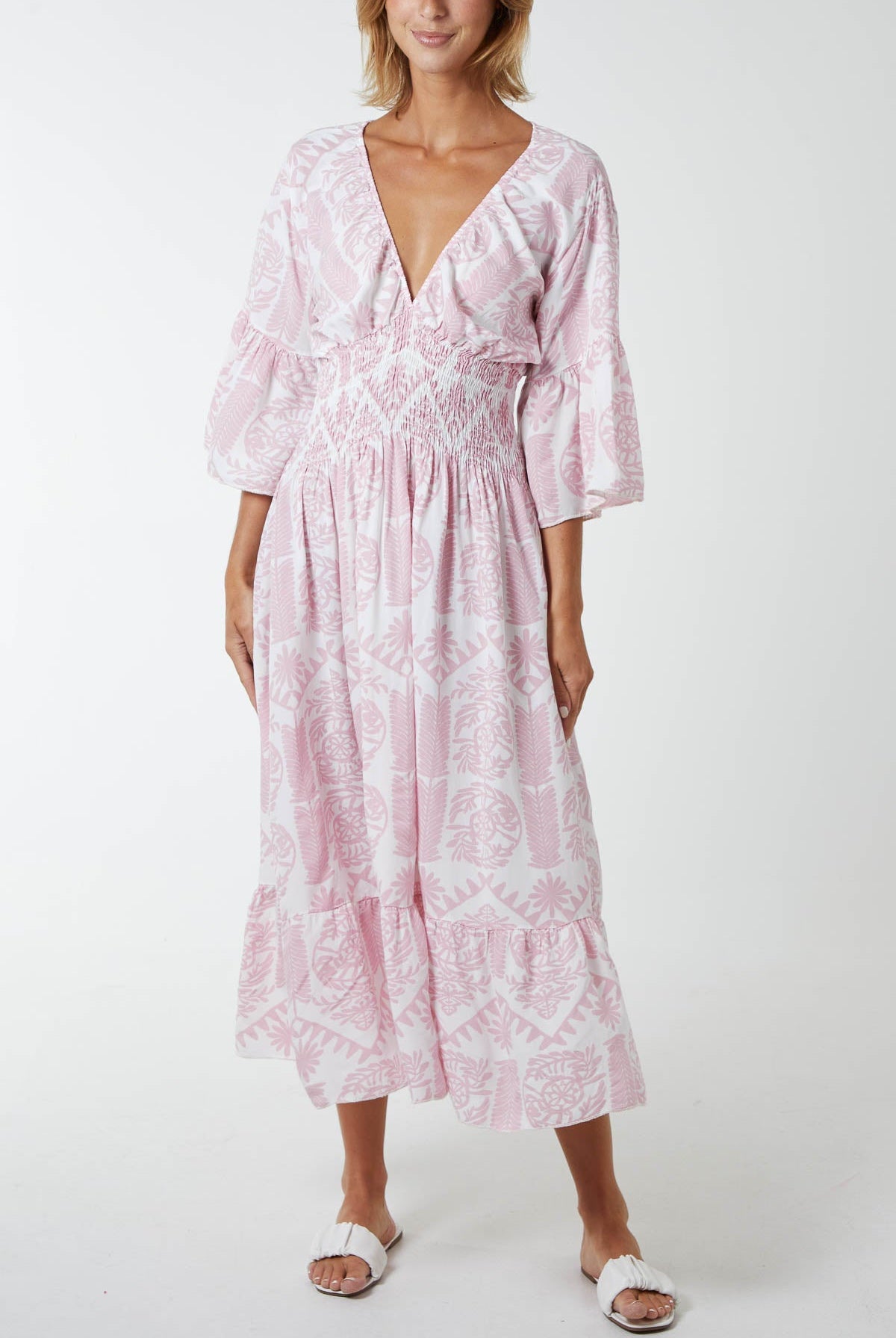 Baroque Floral Shirred Midi Dress DMF2 WearAll Blush One Size