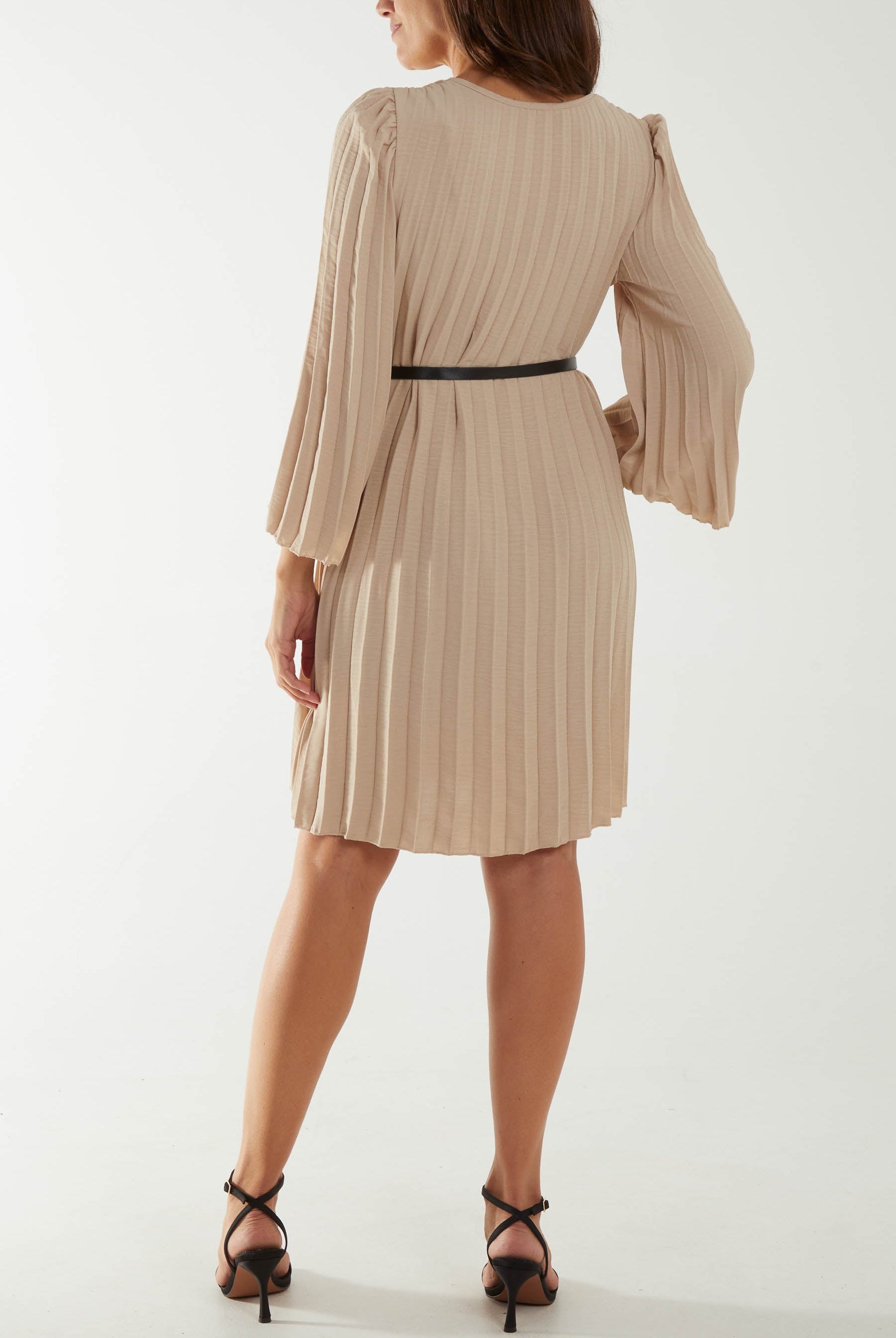 Pleated V-Neck Belted Mini Dress Dresses WearAll