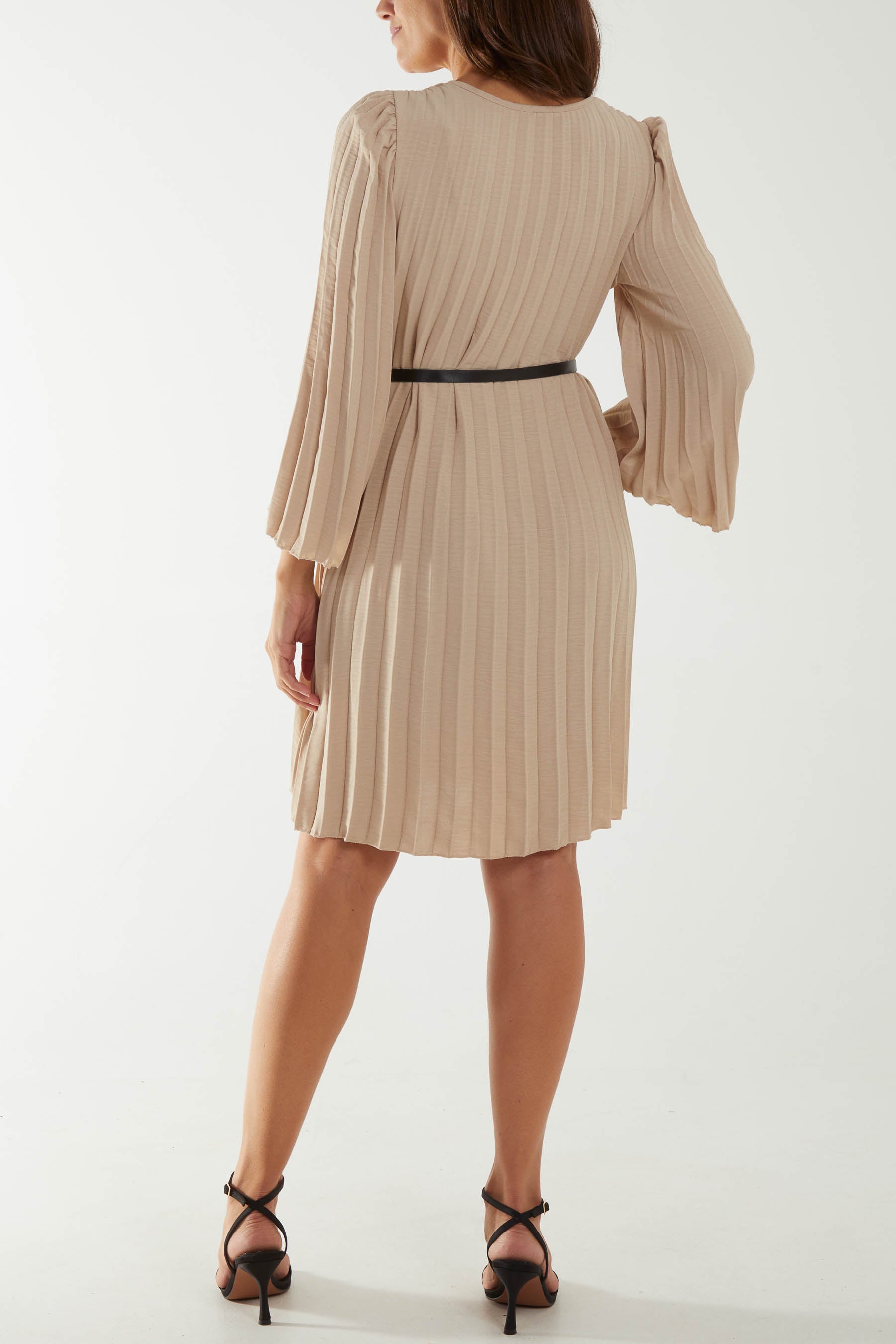 Pleated V-Neck Belted Mini Dress Dresses WearAll