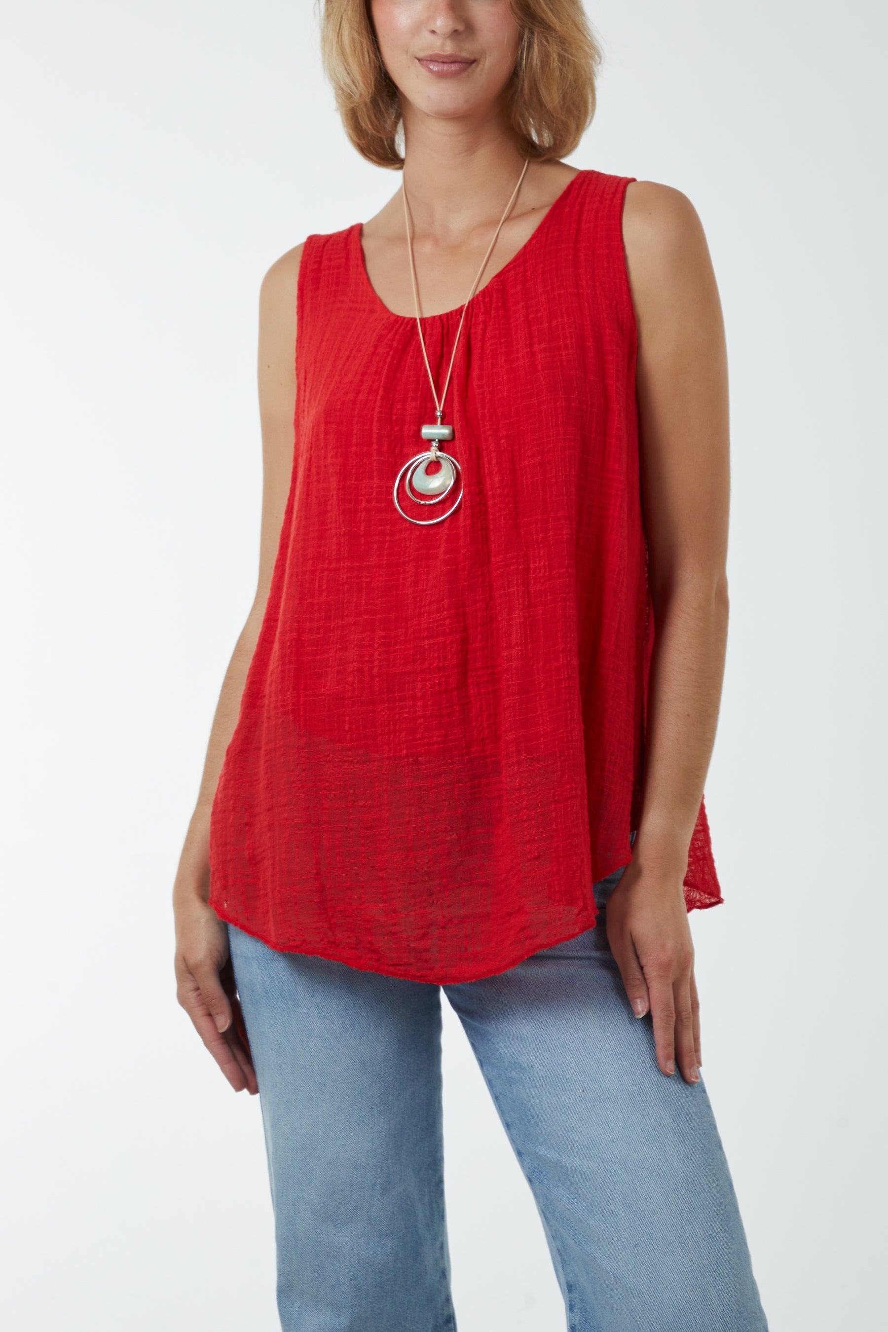 Double Layer Scoop Neck Necklace Vest TOPMF2 WearAll Red One Size