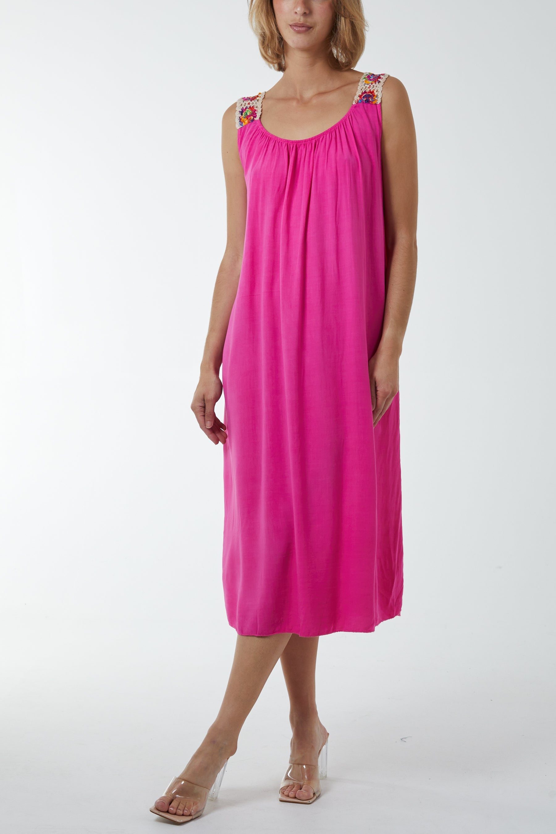 Crochet Sleeve Scoop Neck Midi Dress Dresses WearAll Hot Pink One Size