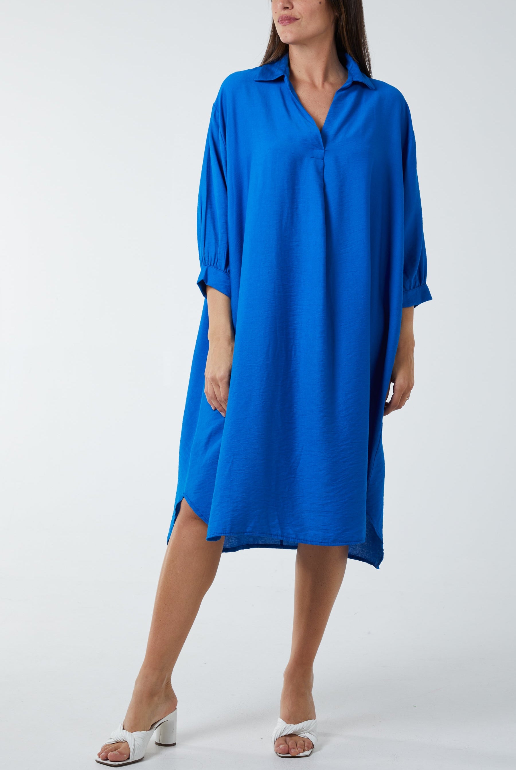 V-Neck Collared Midi Dress DMF2 WearAll Royal Blue One Size