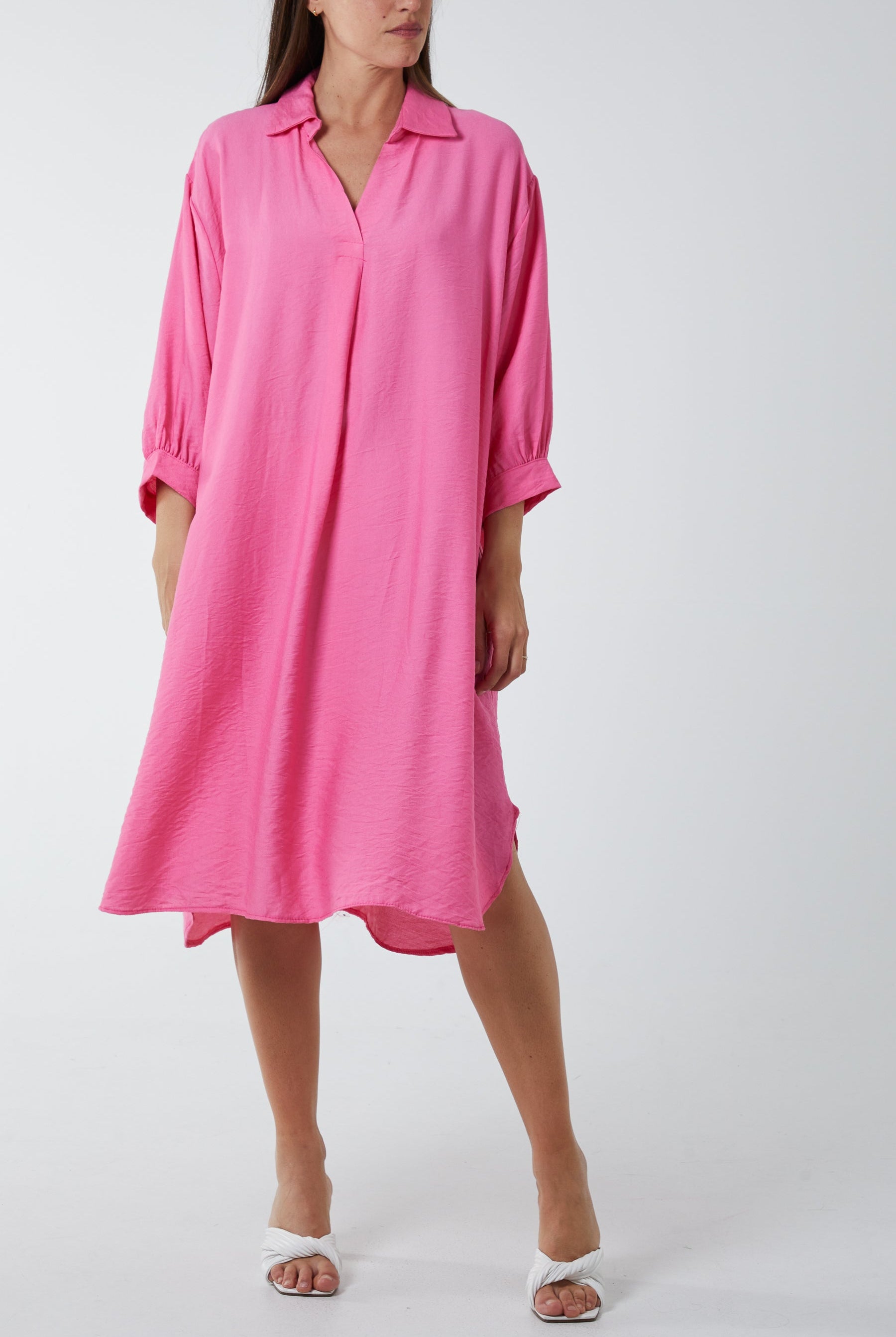 V-Neck Collared Midi Dress DMF2 WearAll Bubblegum Pink One Size