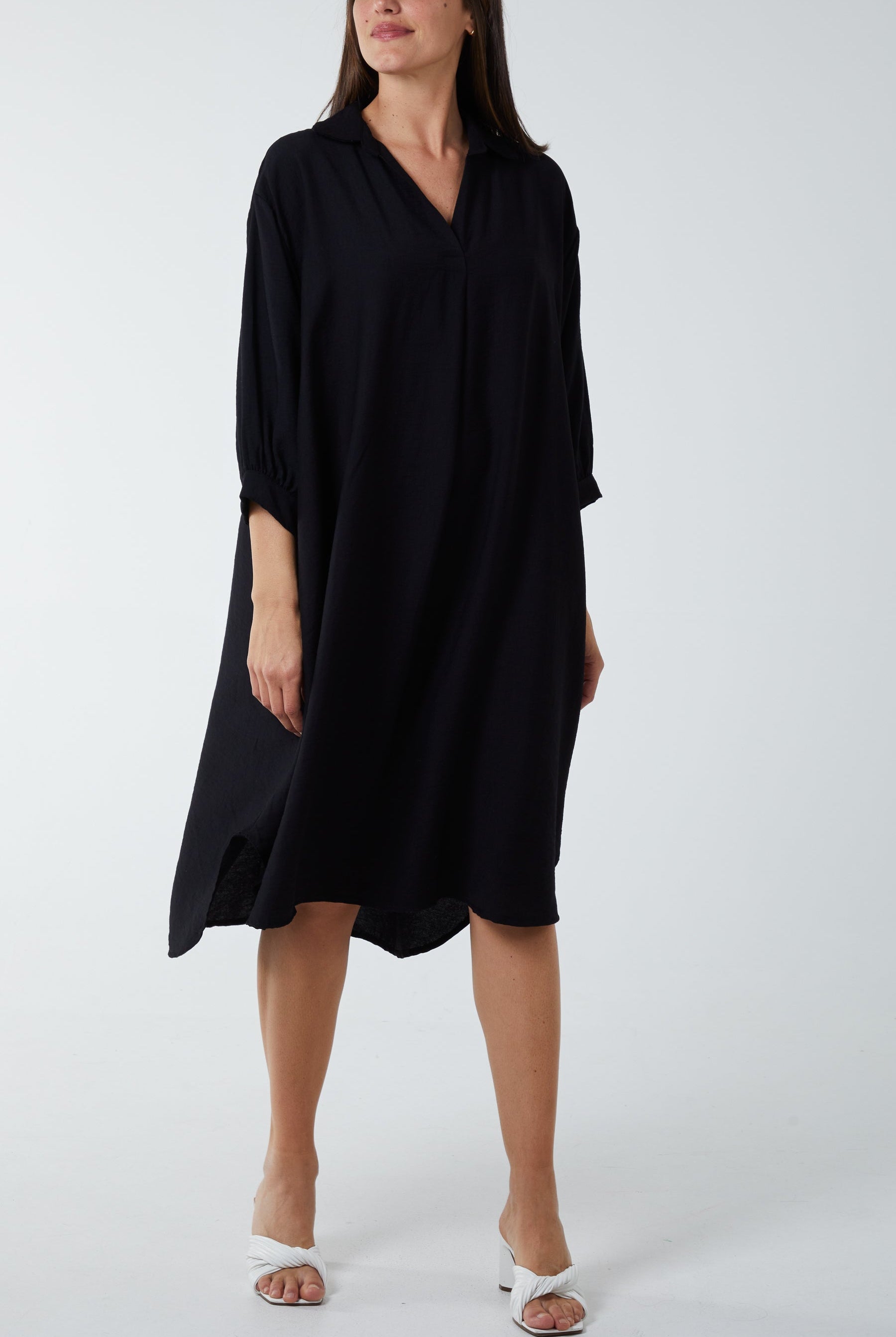 V-Neck Collared Midi Dress DMF2 WearAll Black One Size