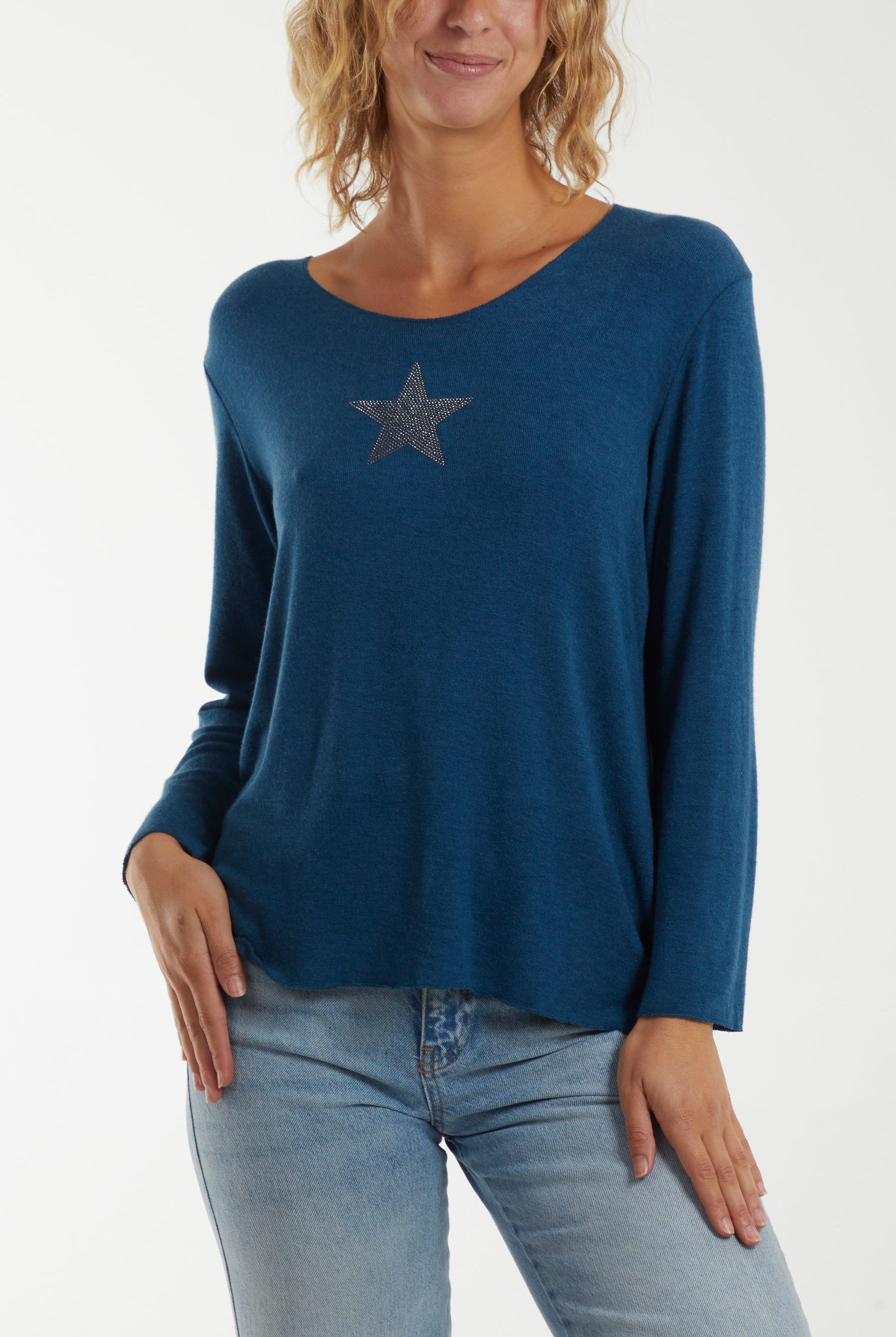 Diamante Star Long Sleeve Jumper Jumpers WearAll Teal One Size