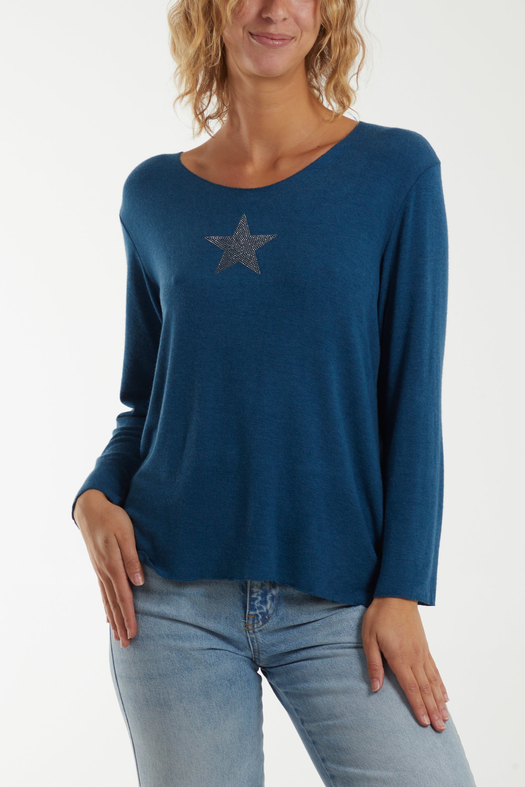 Diamante Star Long Sleeve Jumper Jumpers WearAll Teal One Size